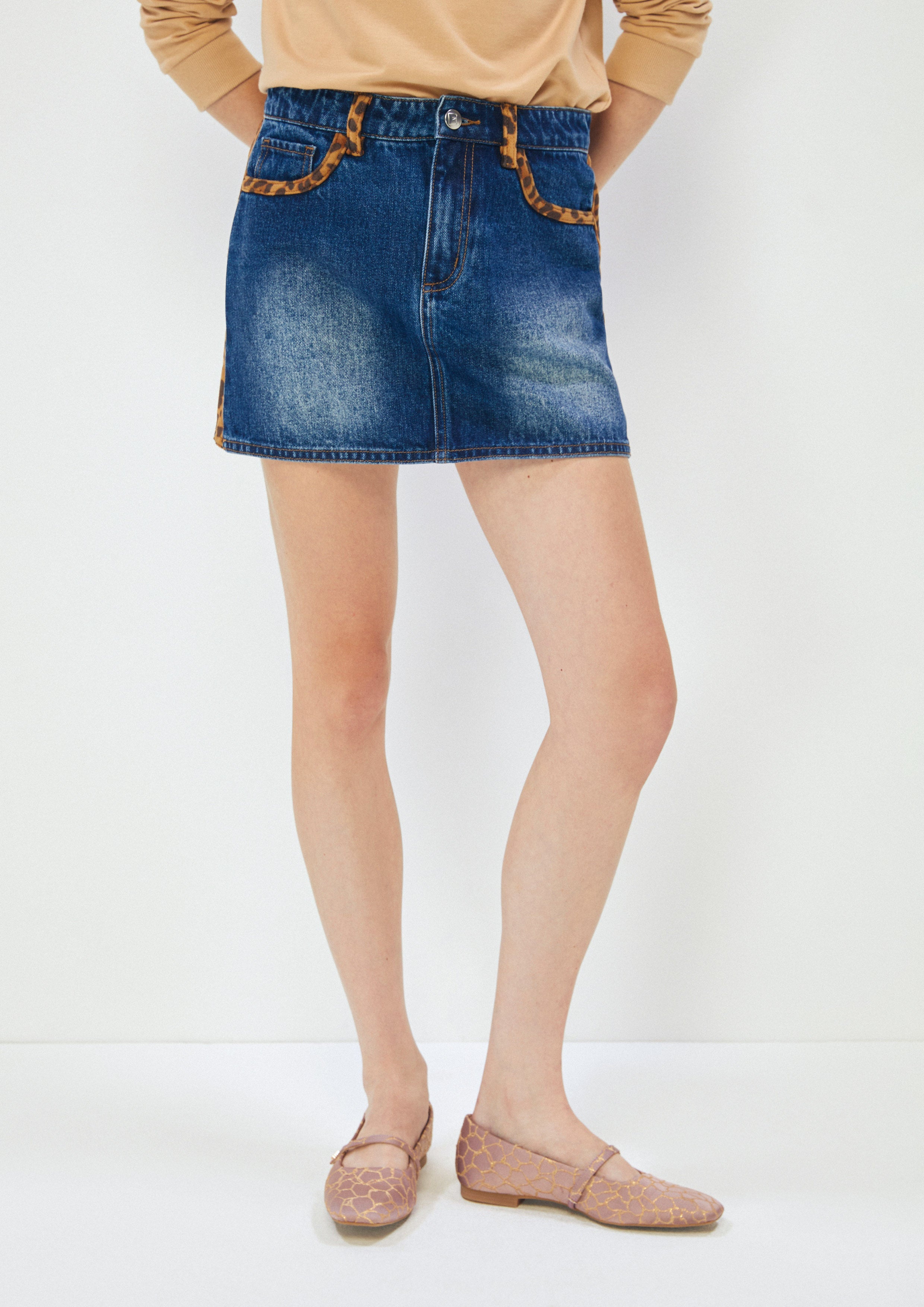 Leopard Trim Denim Mini Skirt Safari Vibes