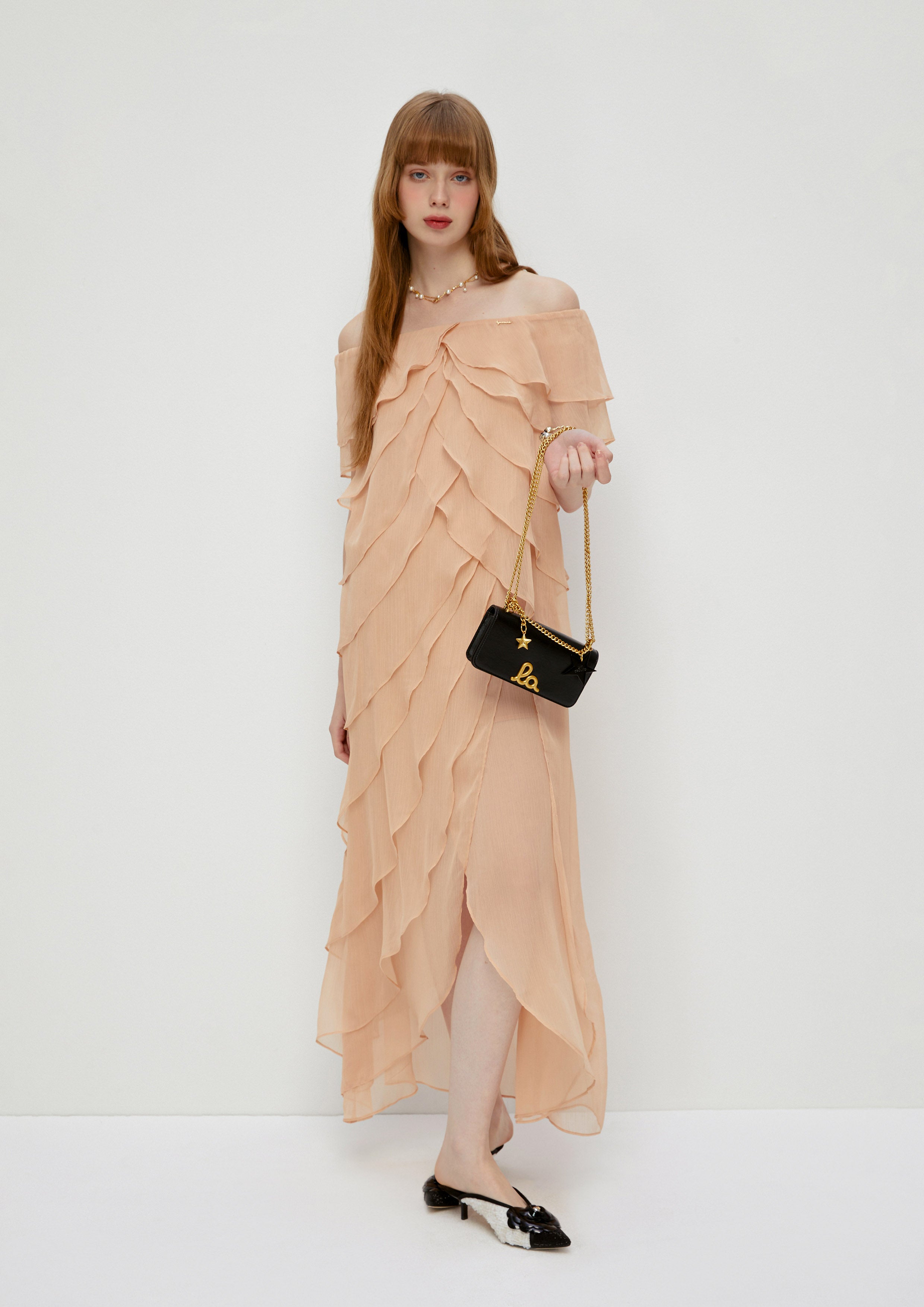 Off-Shoulder Layered Ruffle Dress Whisper of The Song Birds