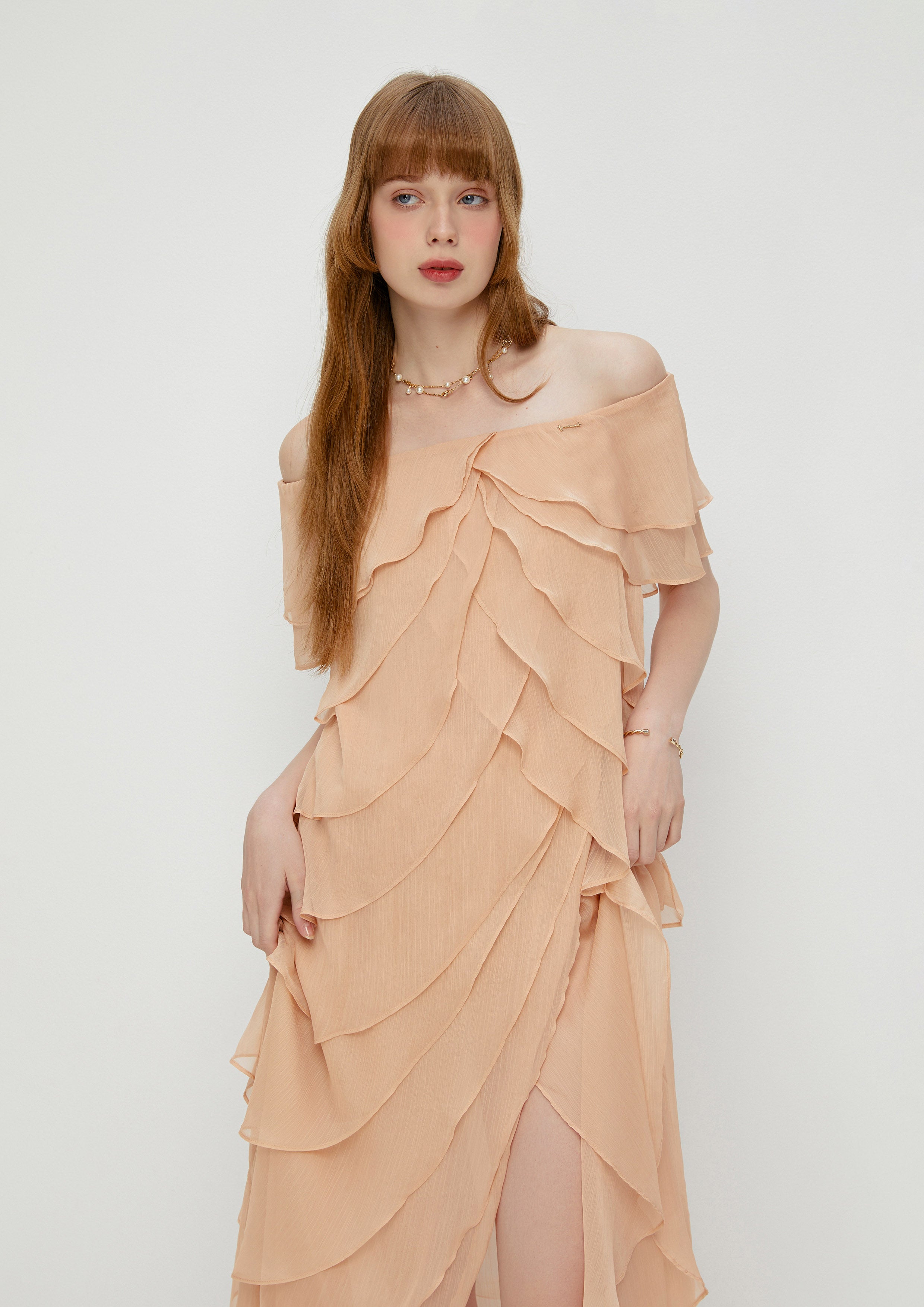 Off-Shoulder Layered Ruffle Dress Whisper of The Song Birds
