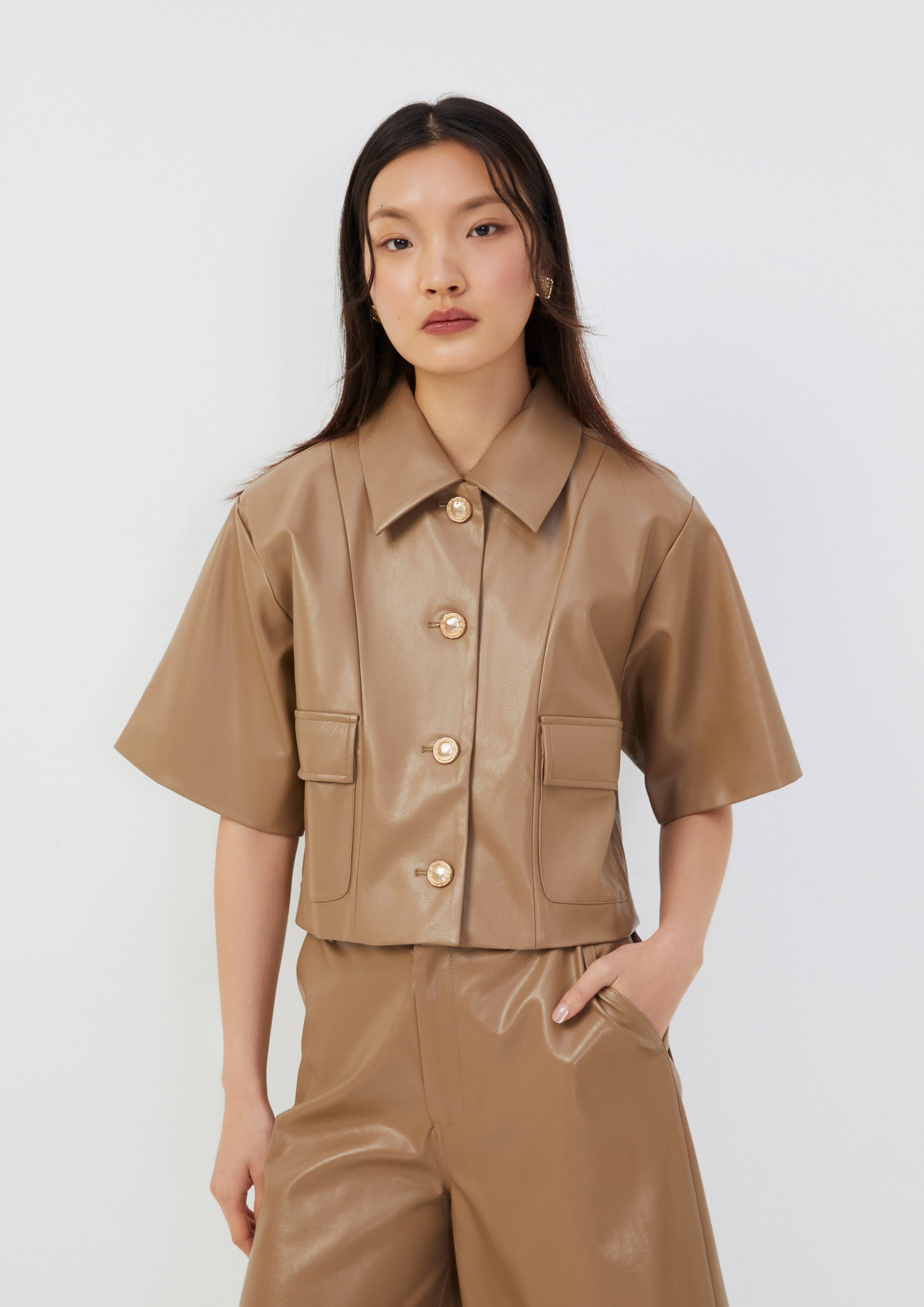 Cropped Faux Leather Shirt Posh Escapade