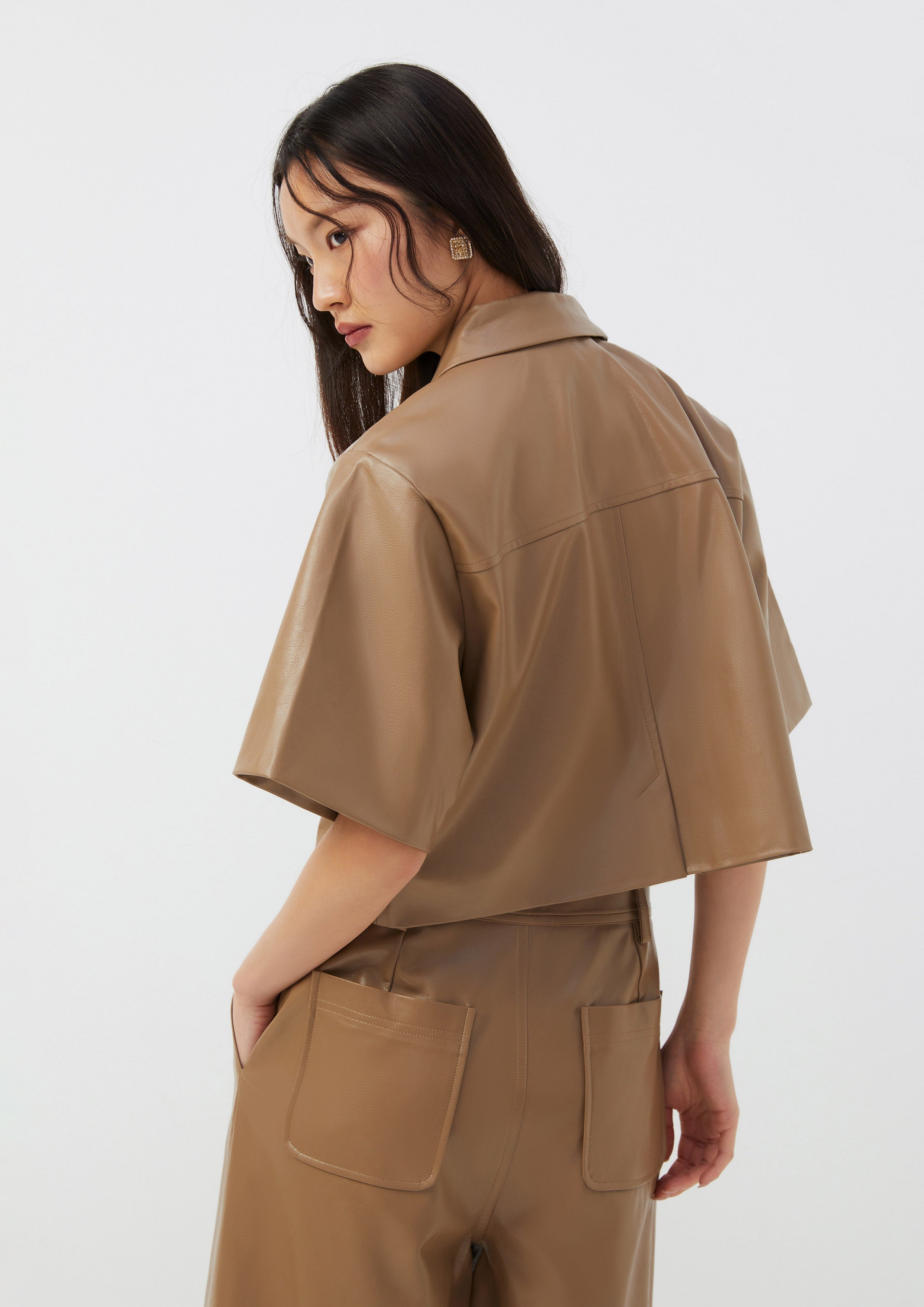 Cropped Faux Leather Shirt Posh Escapade
