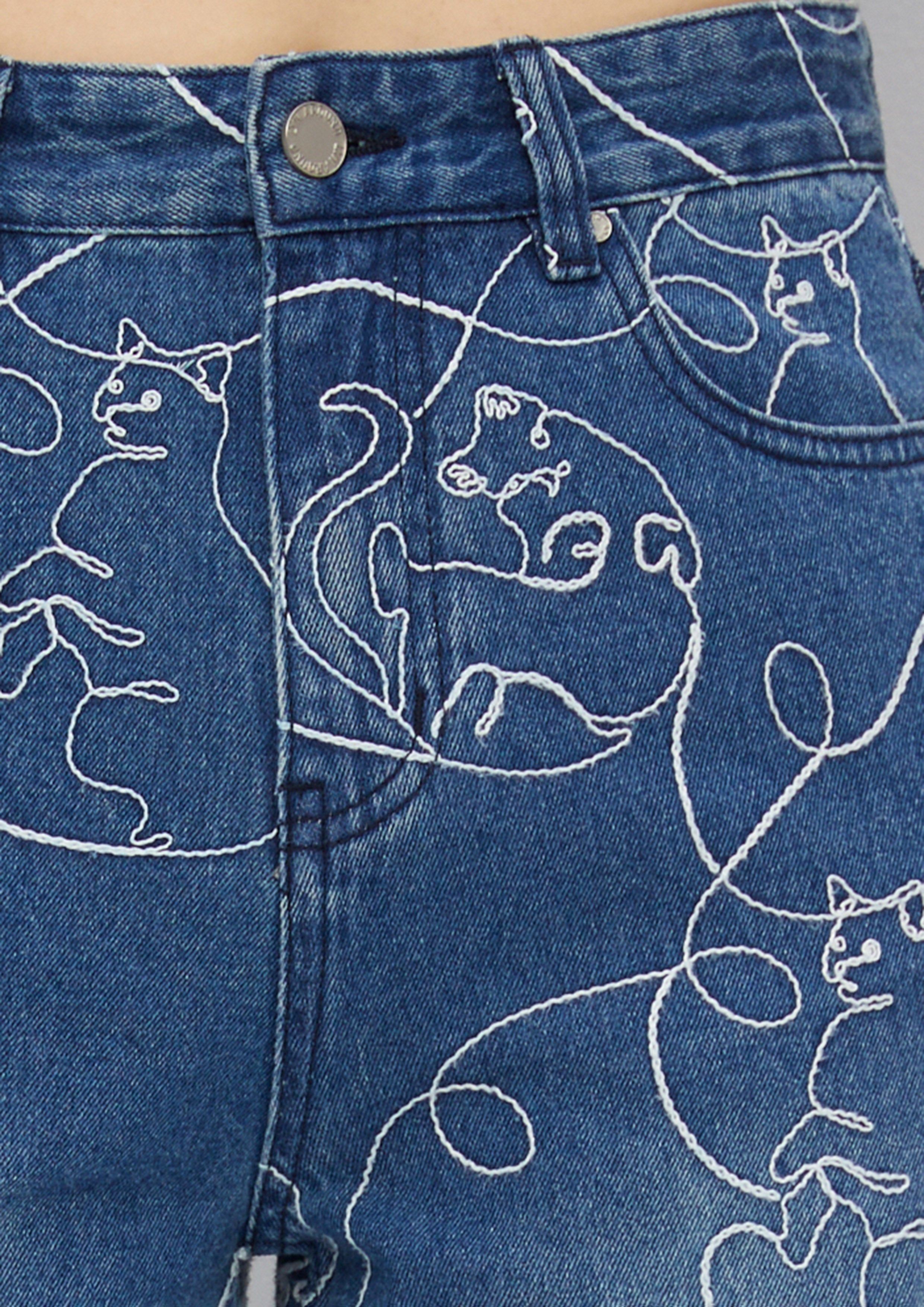 Cat Embroidery Denim Pants The Eyes of Jungle