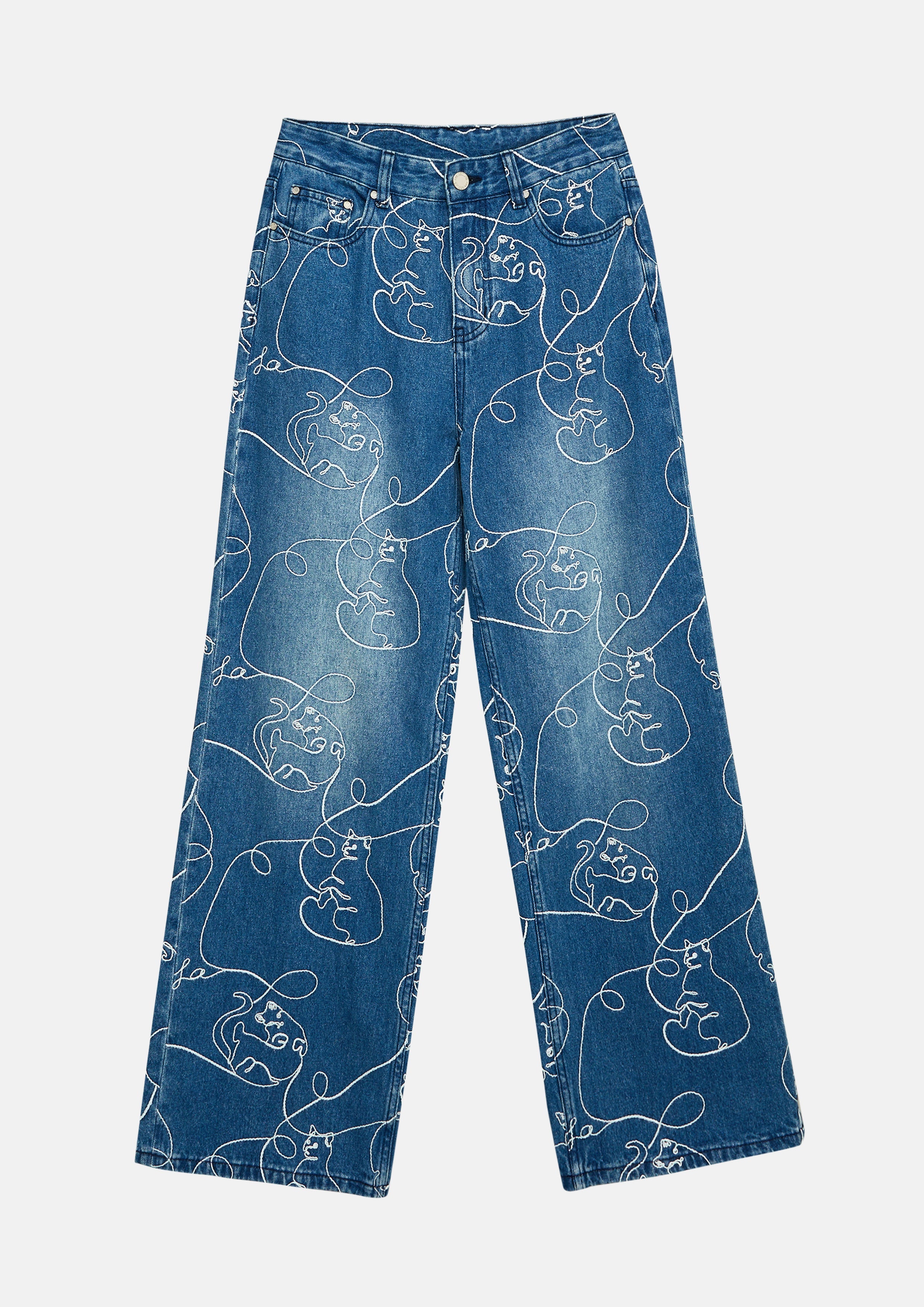 Cat Embroidery Denim Pants The Eyes of Jungle