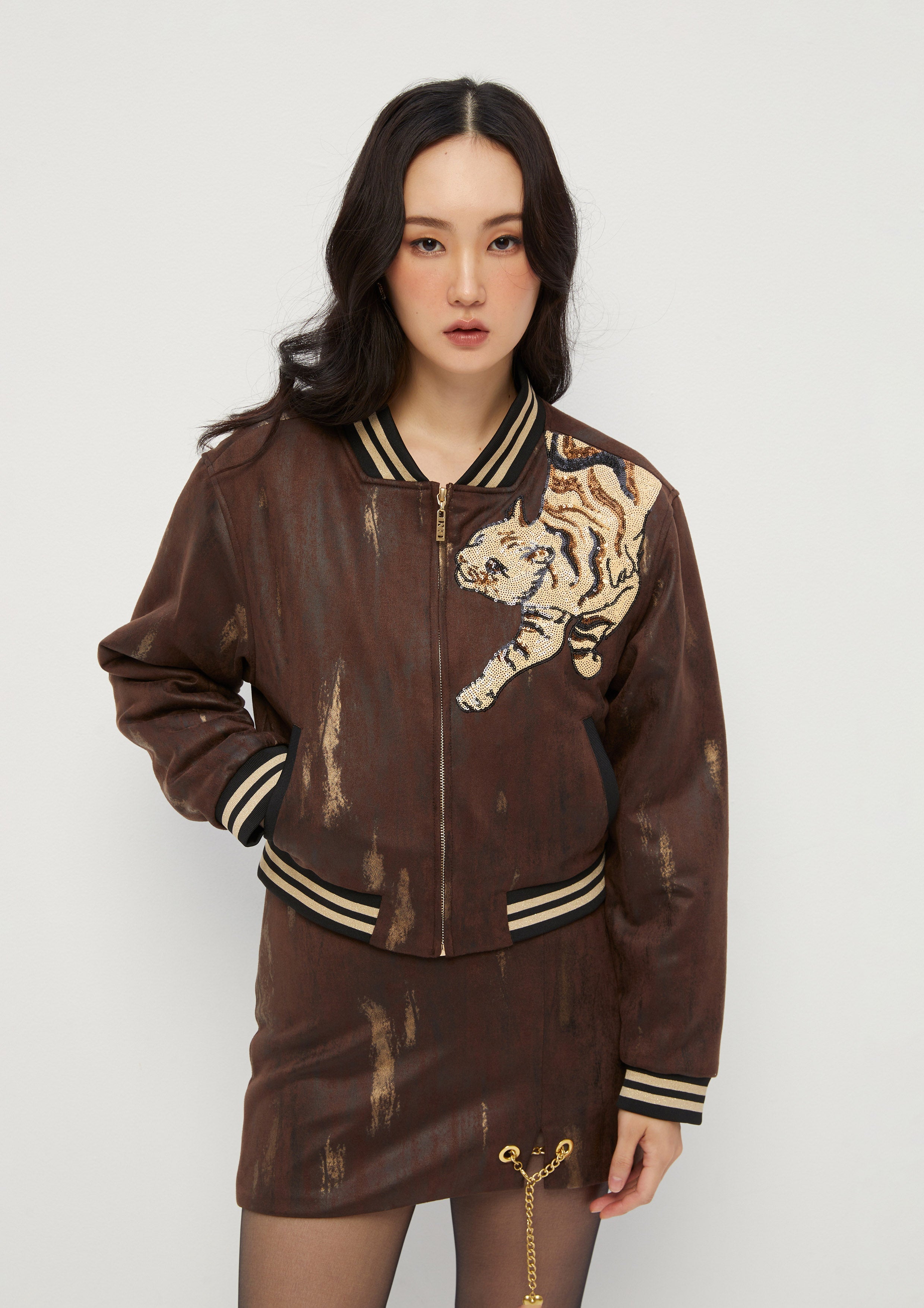 Suede Sequin Embroidery Bomber Jacket King Shere Khan