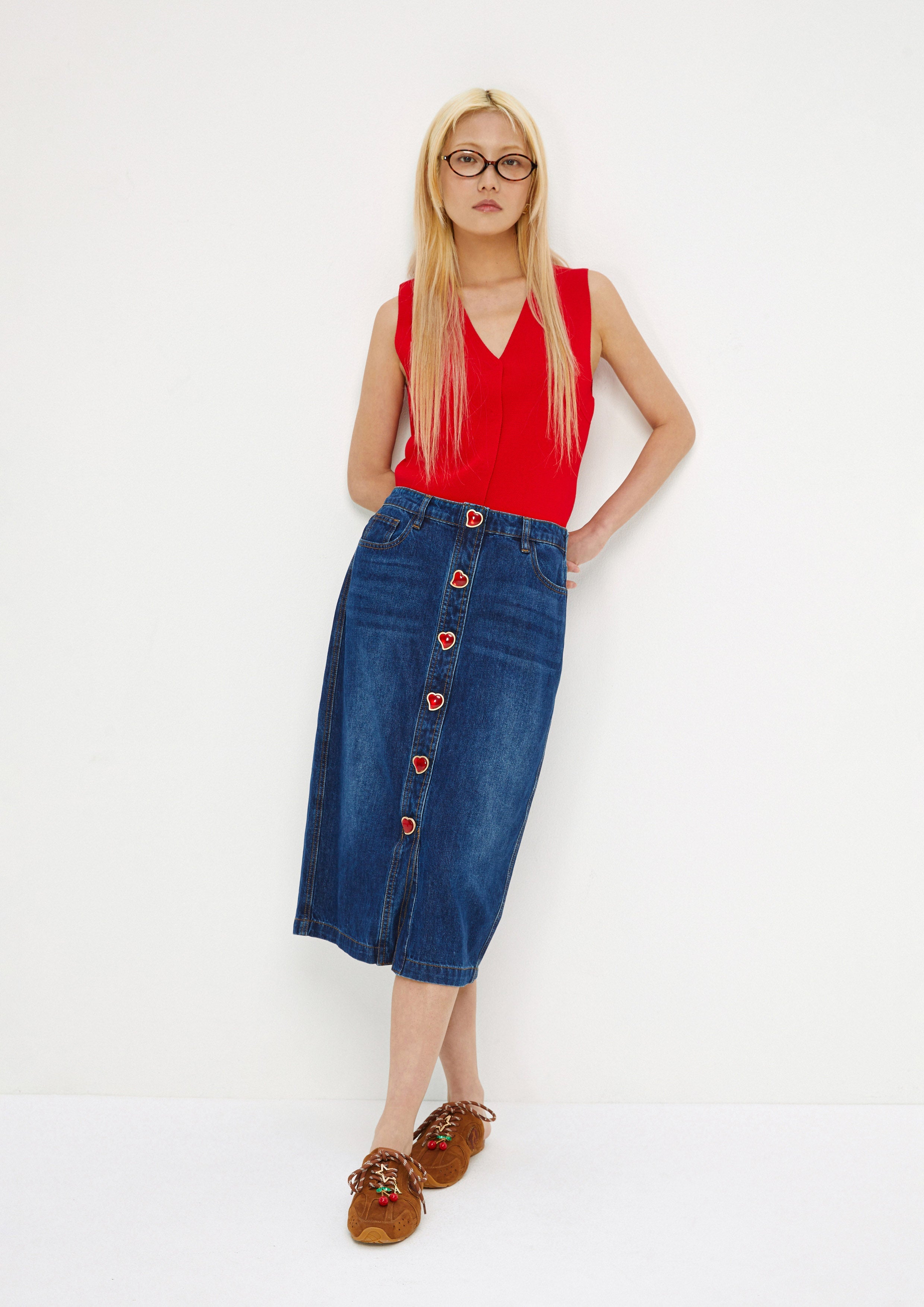 Denim Midi Skirt With Heart Button Mist Through The Pine