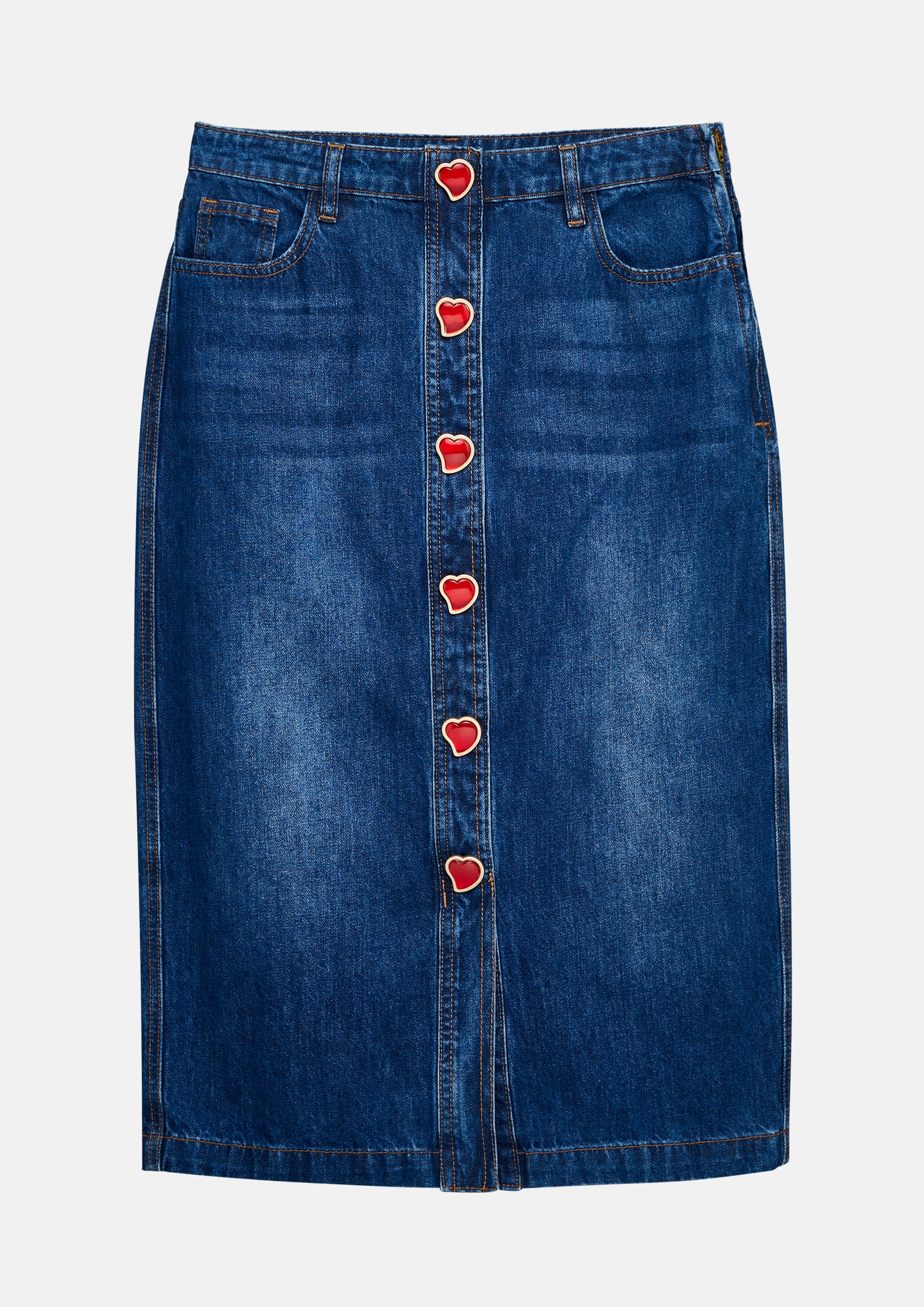Denim Midi Skirt With Heart Button Mist Through The Pine