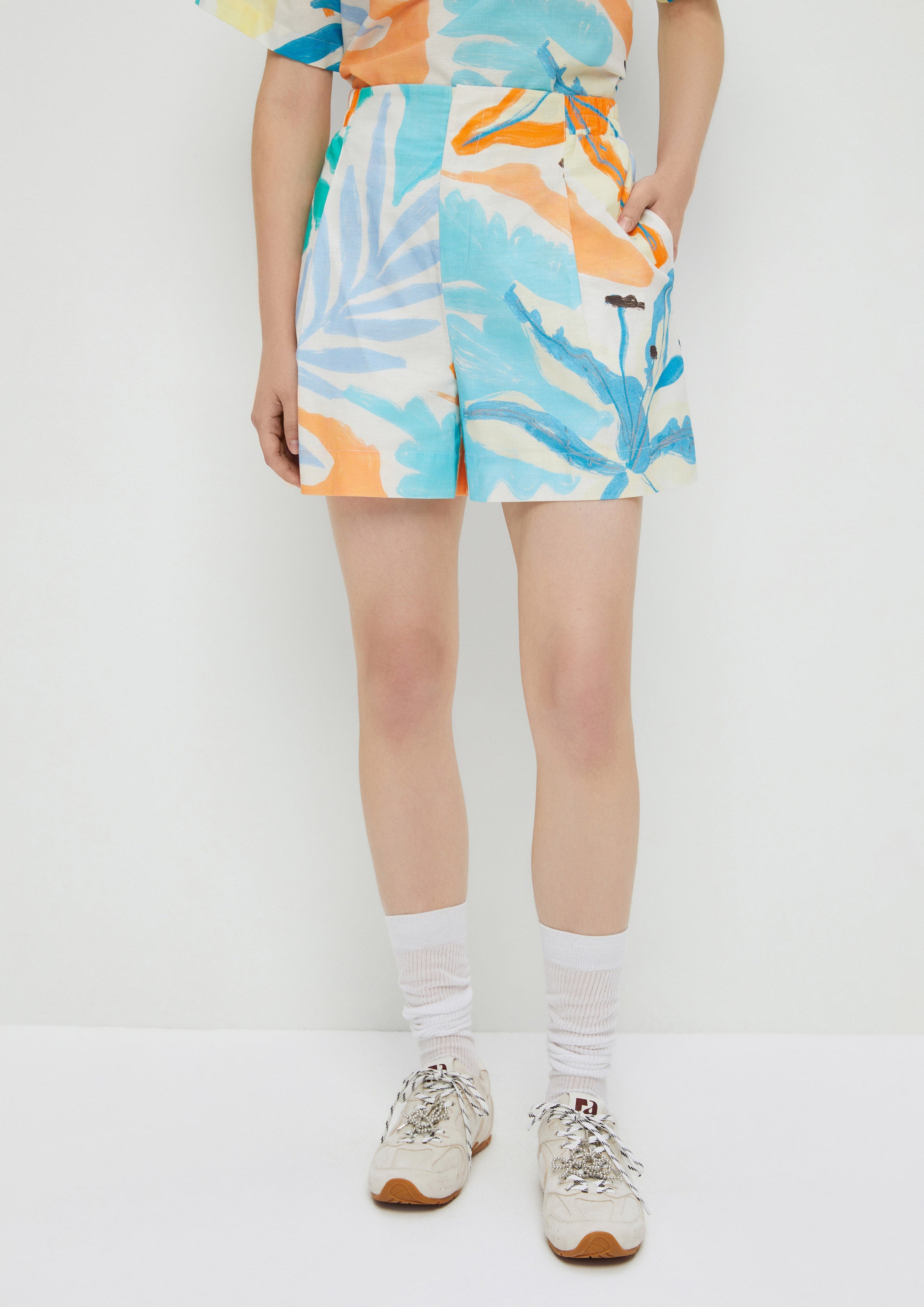 Leaf Print Linen Shorts Enchanted Forest