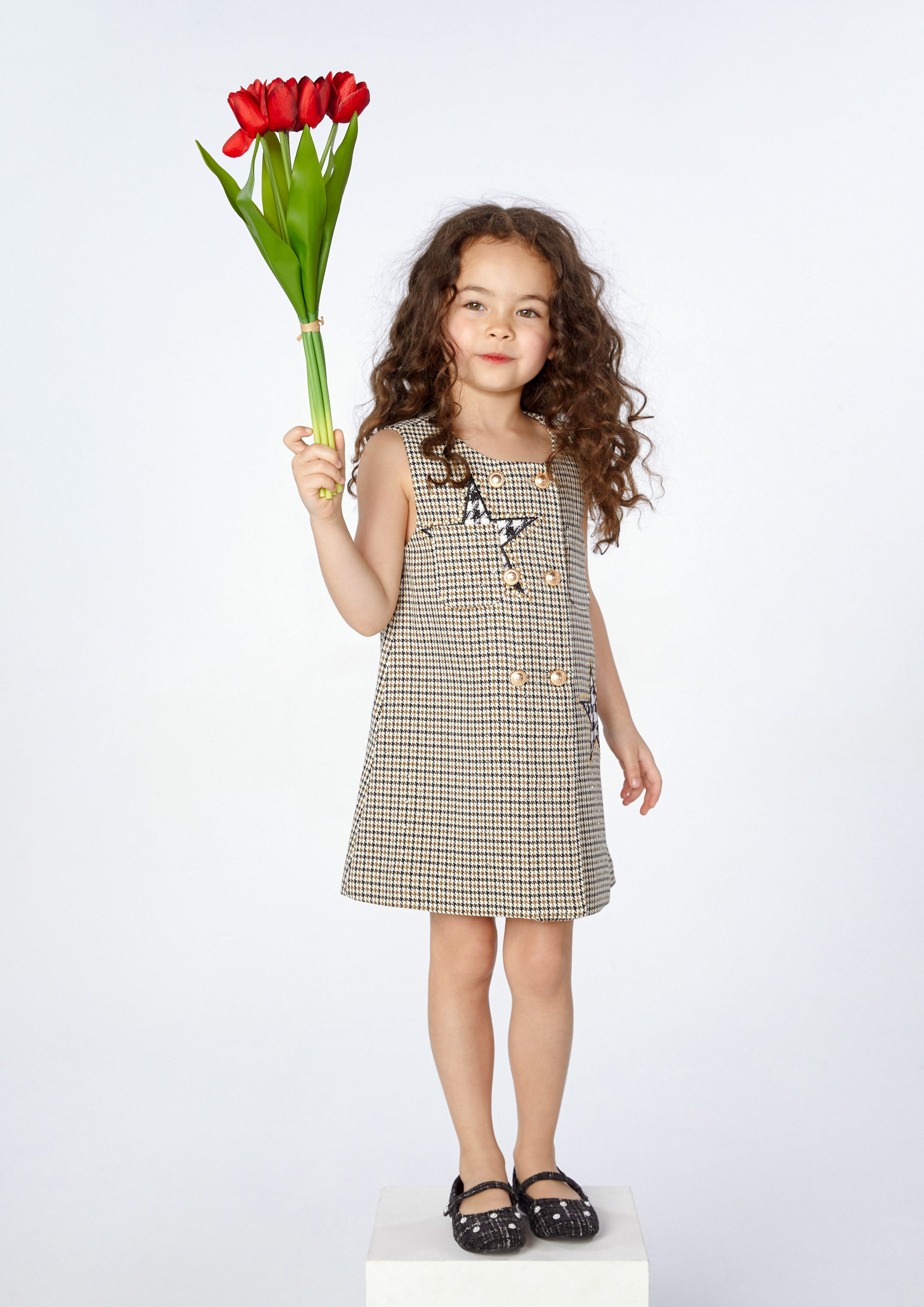 Double-Breasted Houndstooth Mini Dress For Girls Sparkling Stars