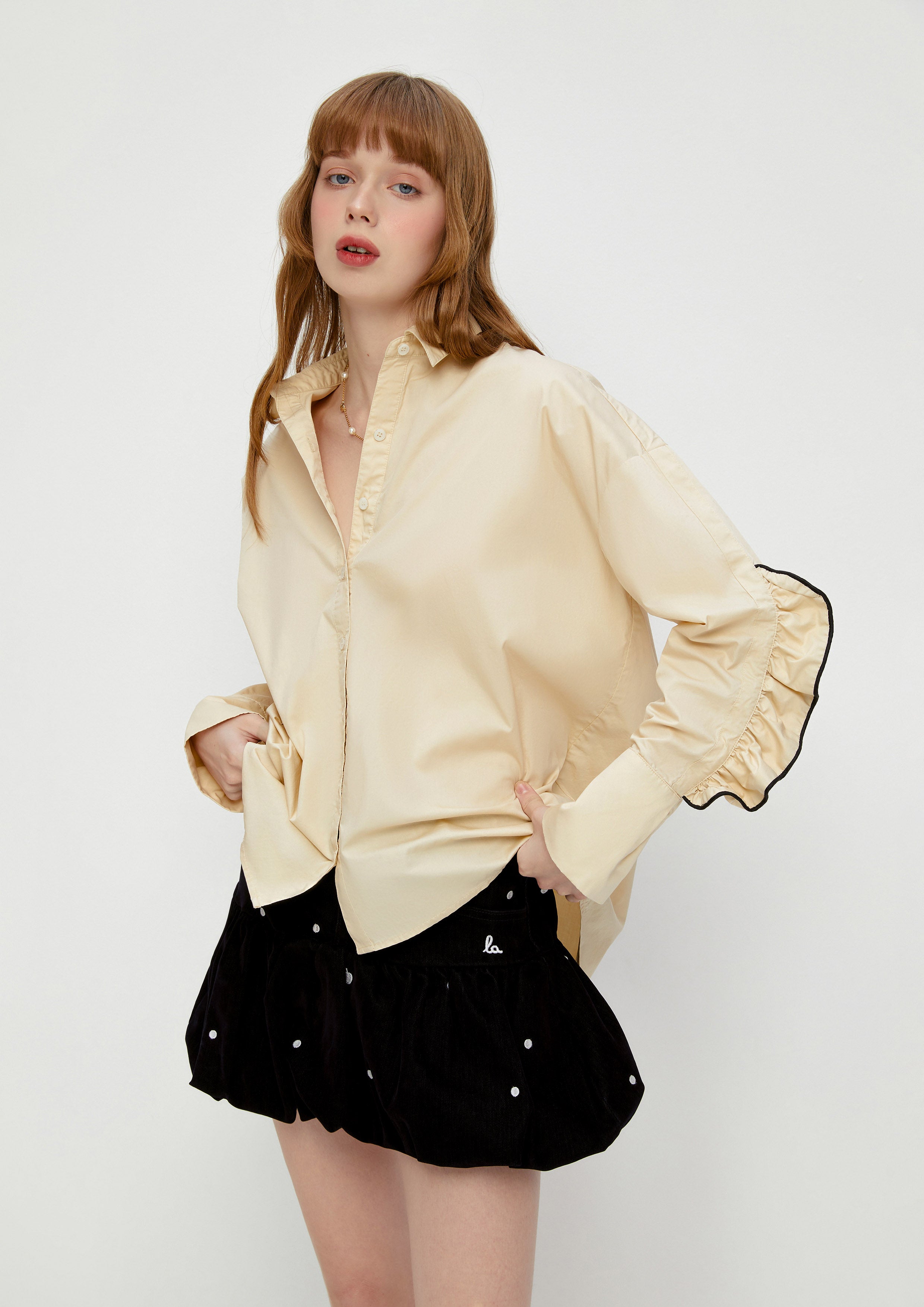 Frill Trim Sleeve Shirt White Horizon