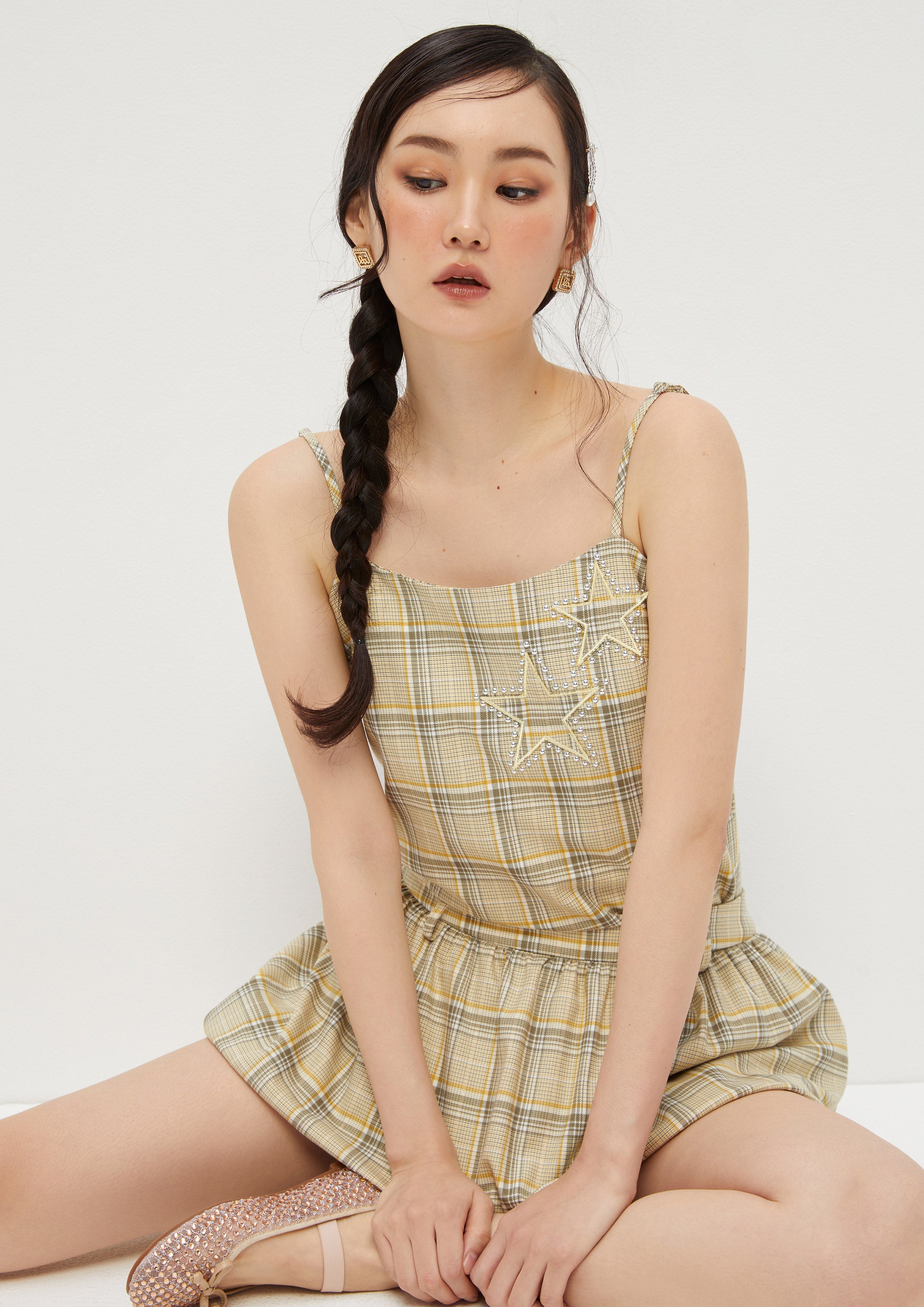 Plaid Spaghetti Strap Top Sparkling Stars