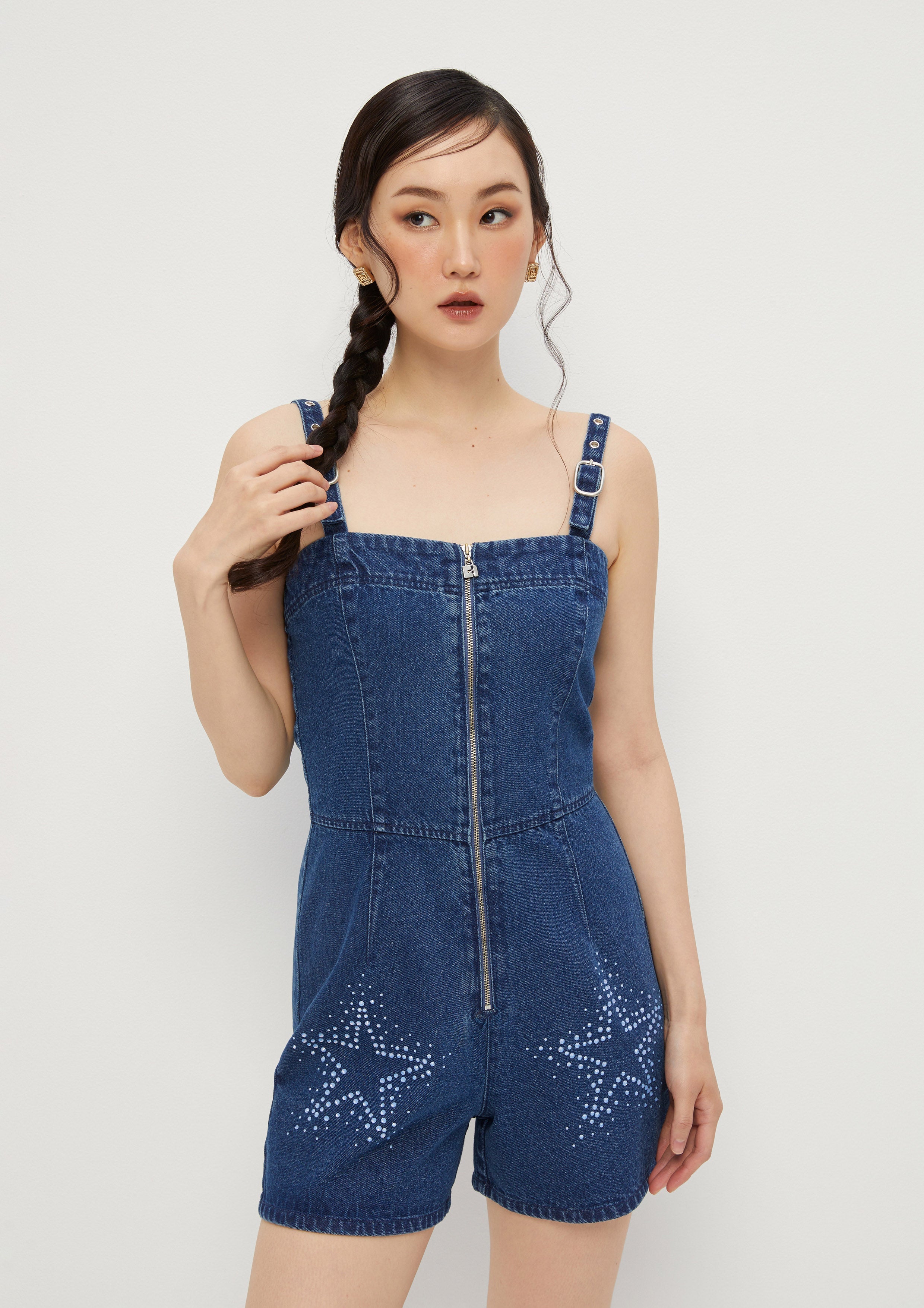 Denim Strap Romper Sparkling Stars