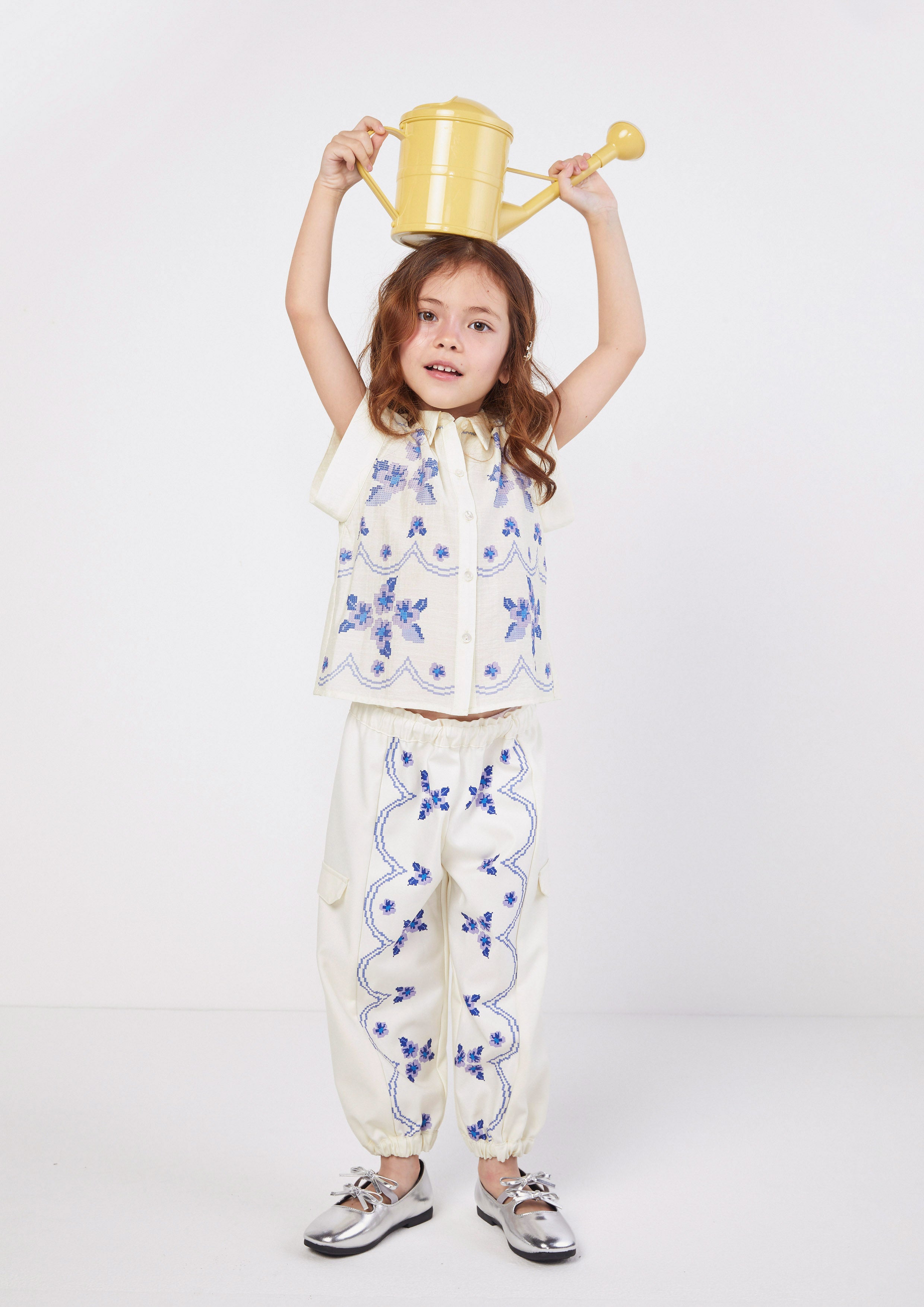 Floral Embroidered Long Pants for Girls Scandi Folk Art