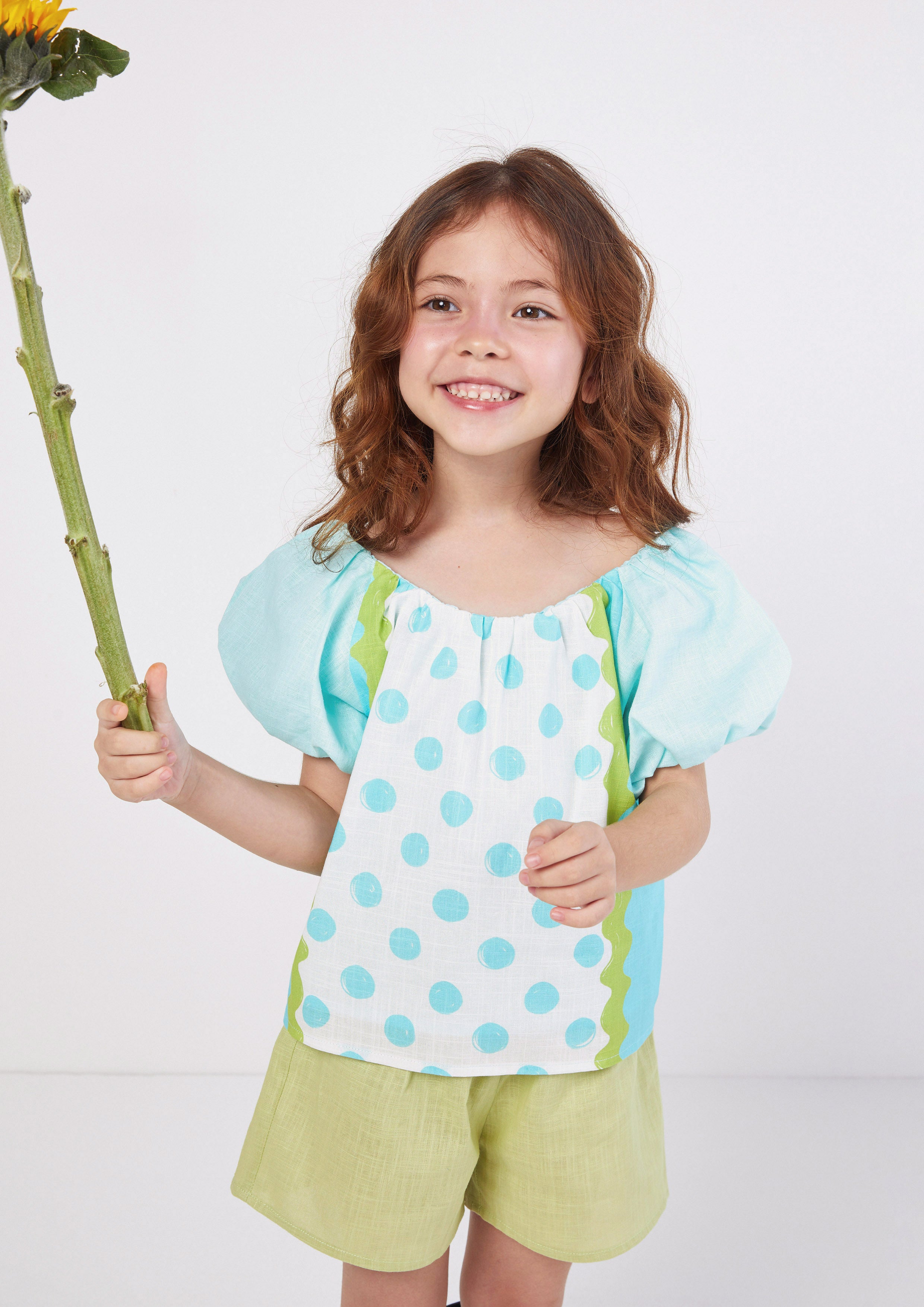 Puff Sleeve Polka Dot Blouse and Linen Shorts Set for Girls Ember Mirage