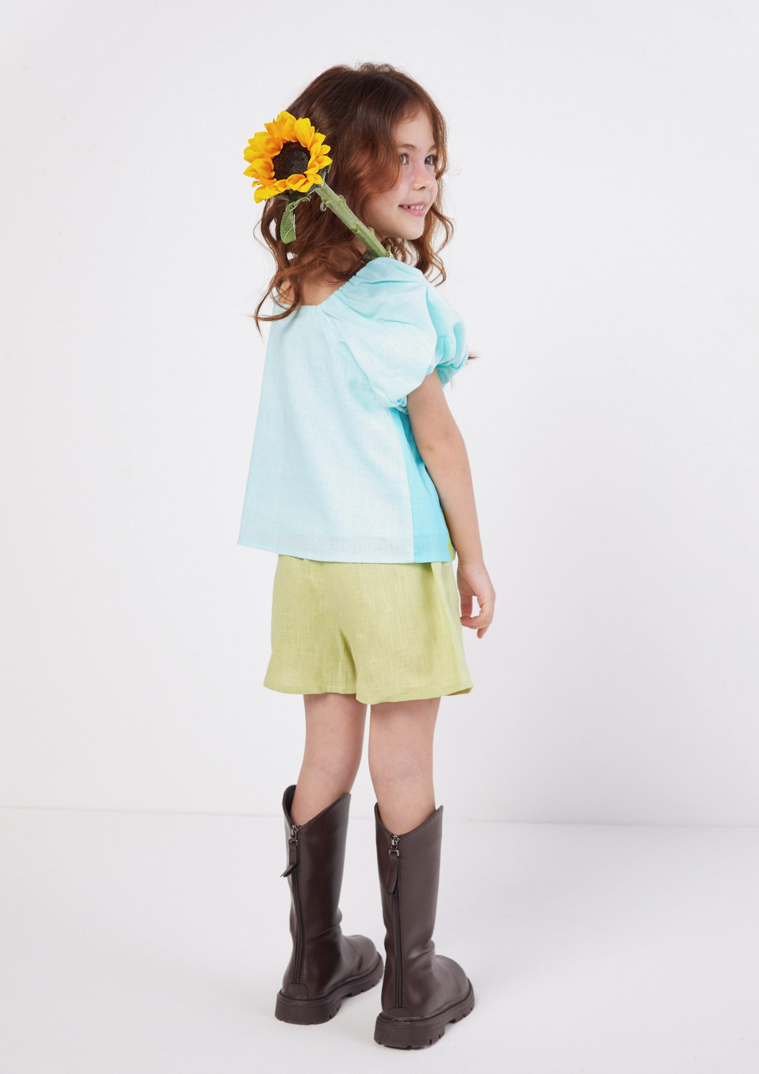 Puff Sleeve Polka Dot Blouse and Linen Shorts Set for Girls Ember Mirage