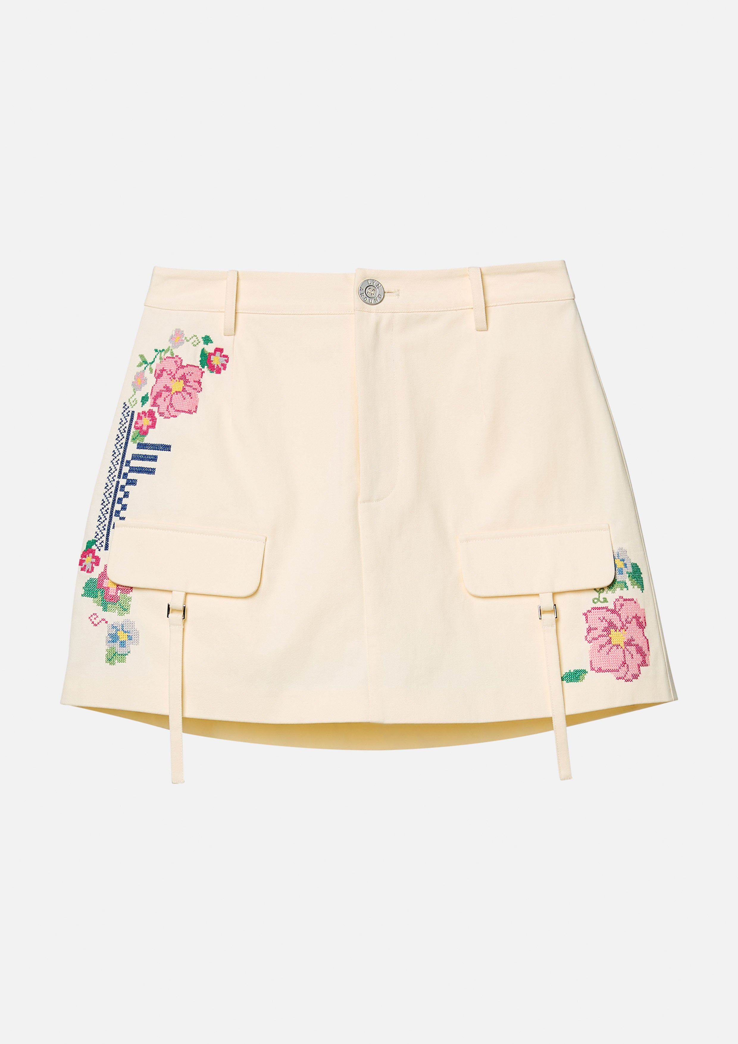 Cross-Stitch Floral Embroidered Mini A-Line Skirt Scandi Folk Art