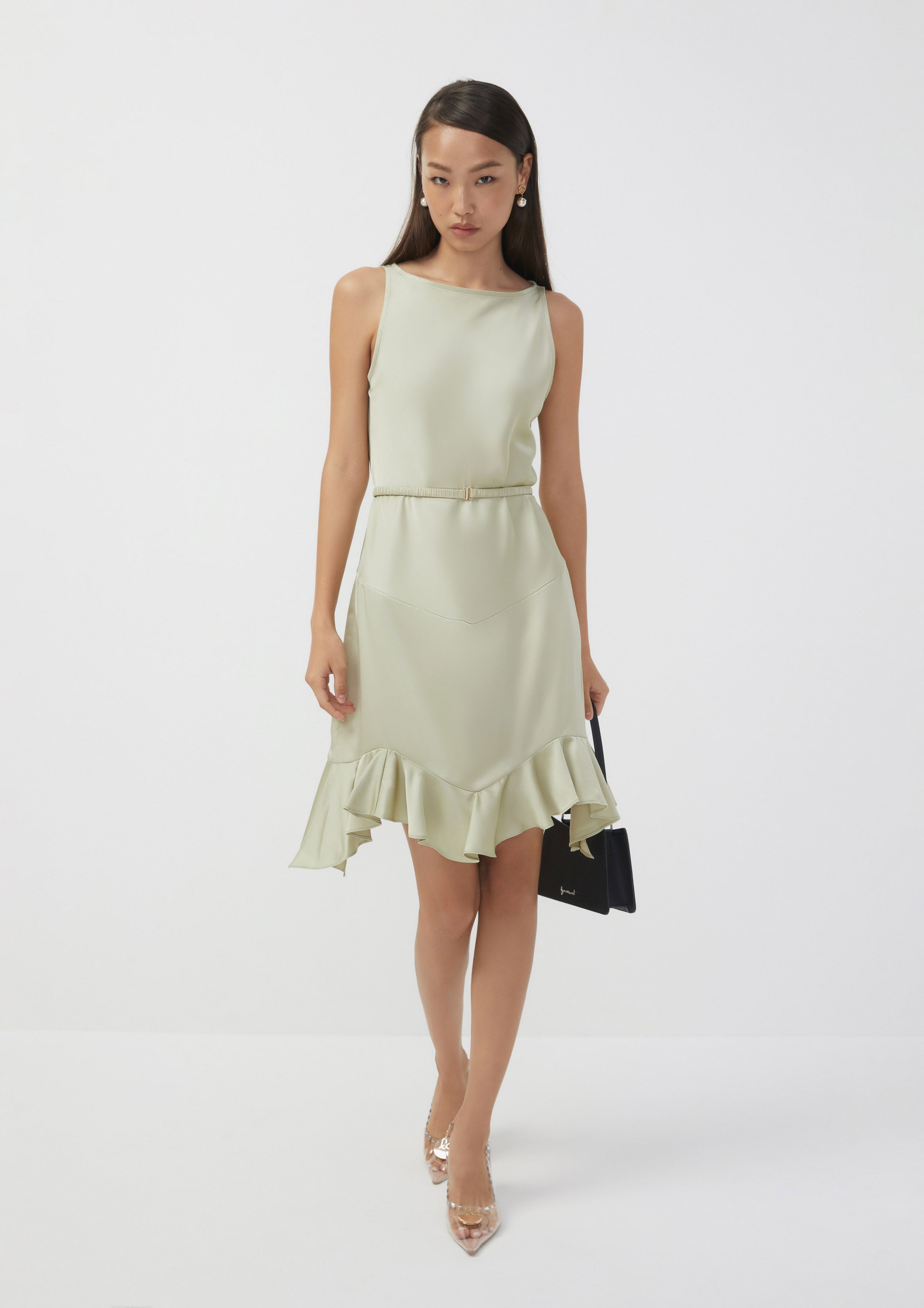 Asymmetric Hem Sleeveless Belted Dress Doppla Essenza