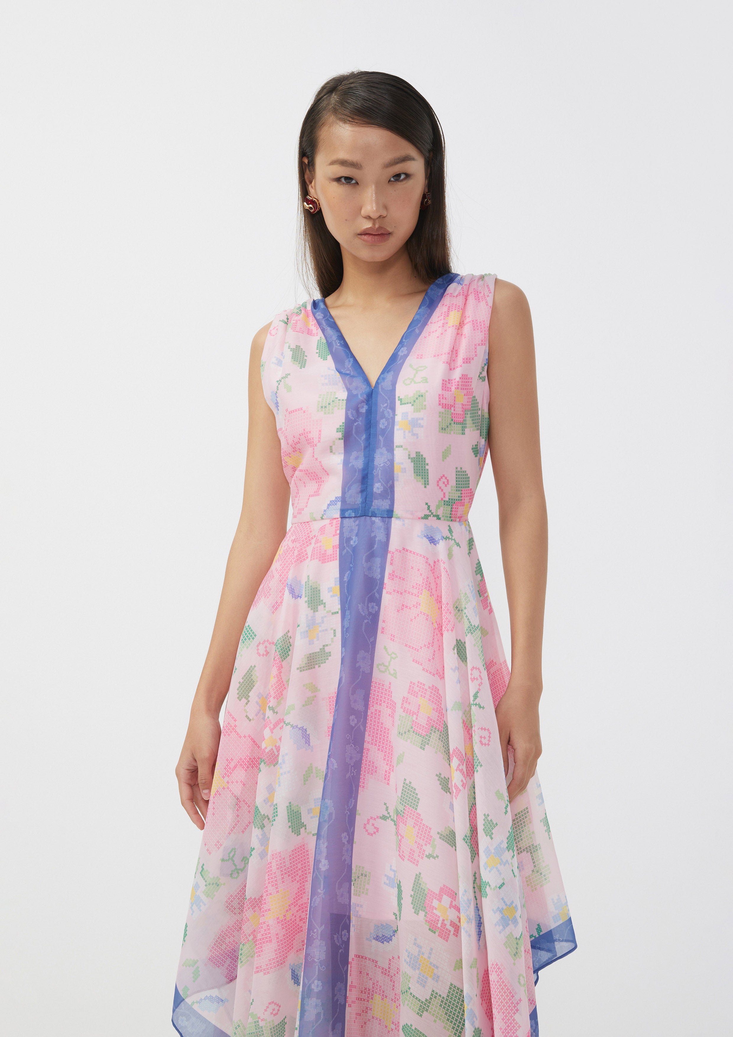 Floral Cross-Stitch Asymmetric Hem Sleeveless Dress Scandi Folk Art