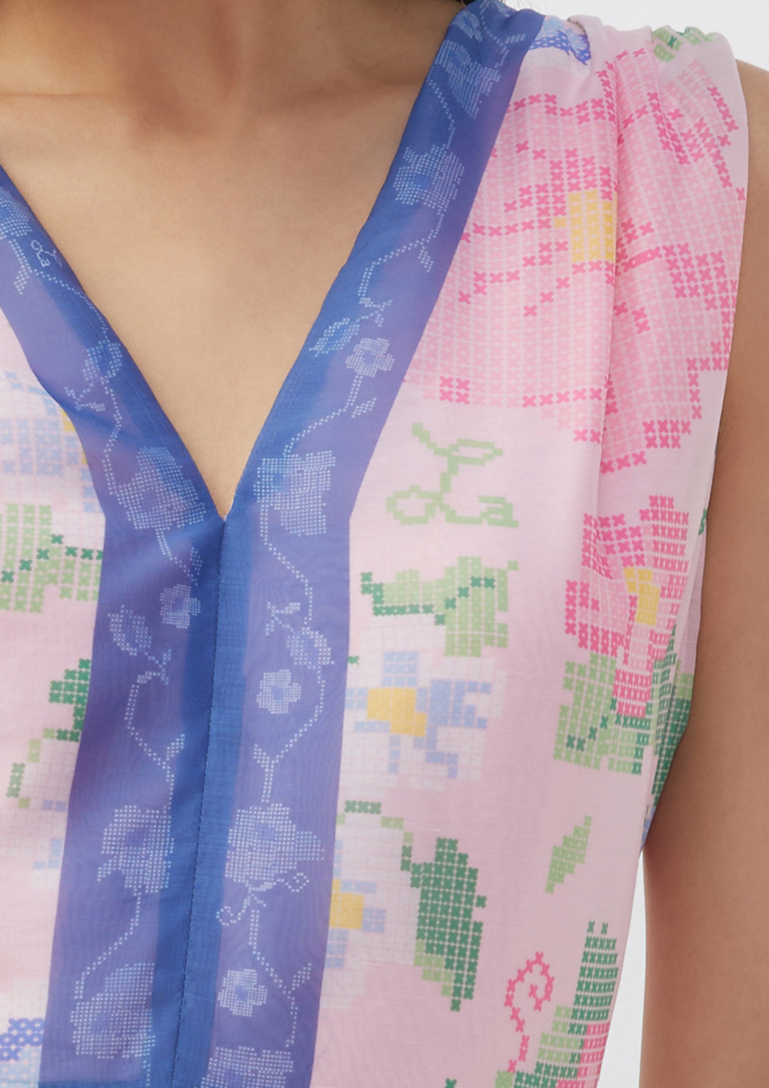 Floral Cross-Stitch Asymmetric Hem Sleeveless Dress Scandi Folk Art