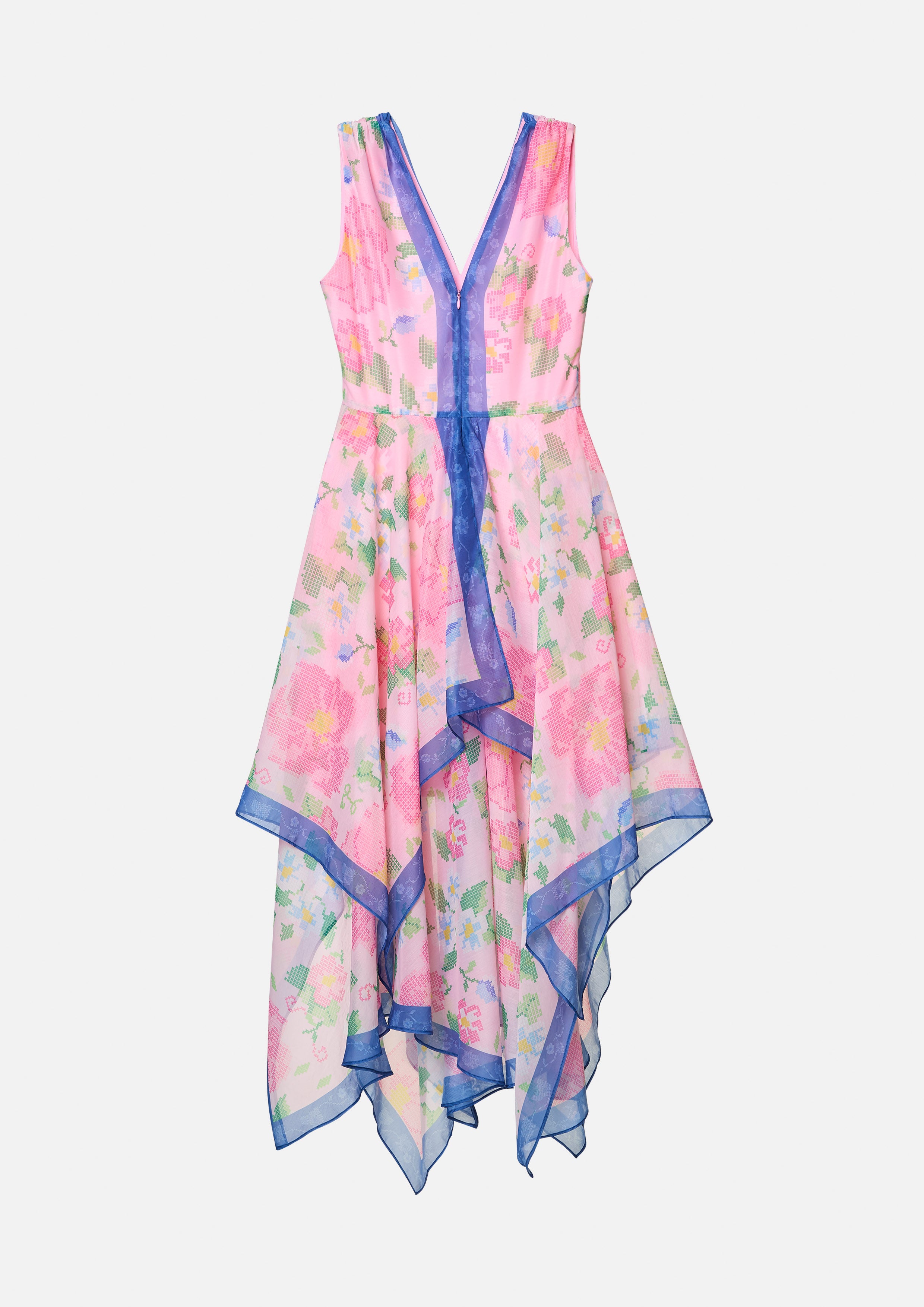 Floral Cross-Stitch Asymmetric Hem Sleeveless Dress Scandi Folk Art
