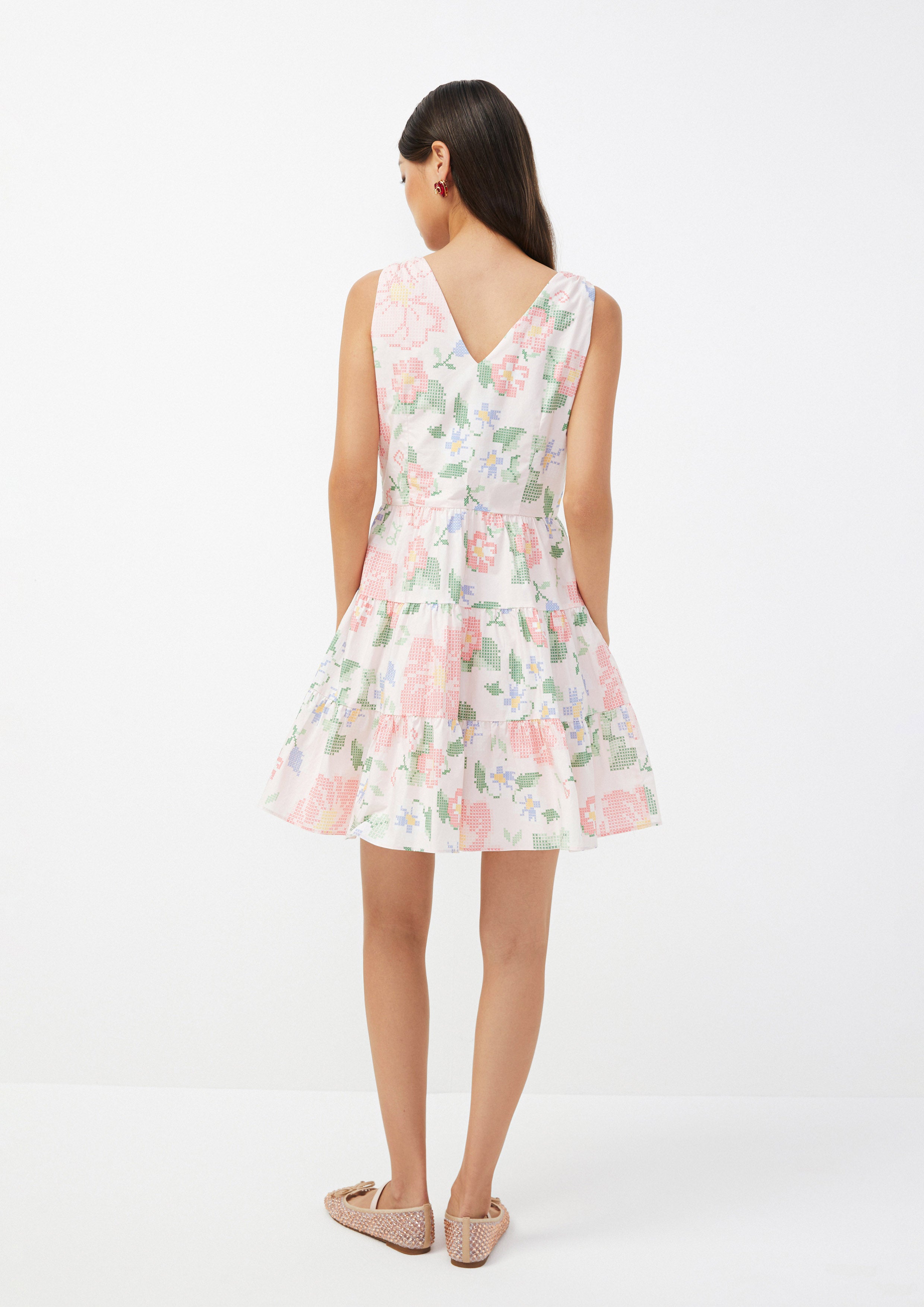 Patchwork Floral Embroidery Sleeveless Mini Dress Scandi Folk Art