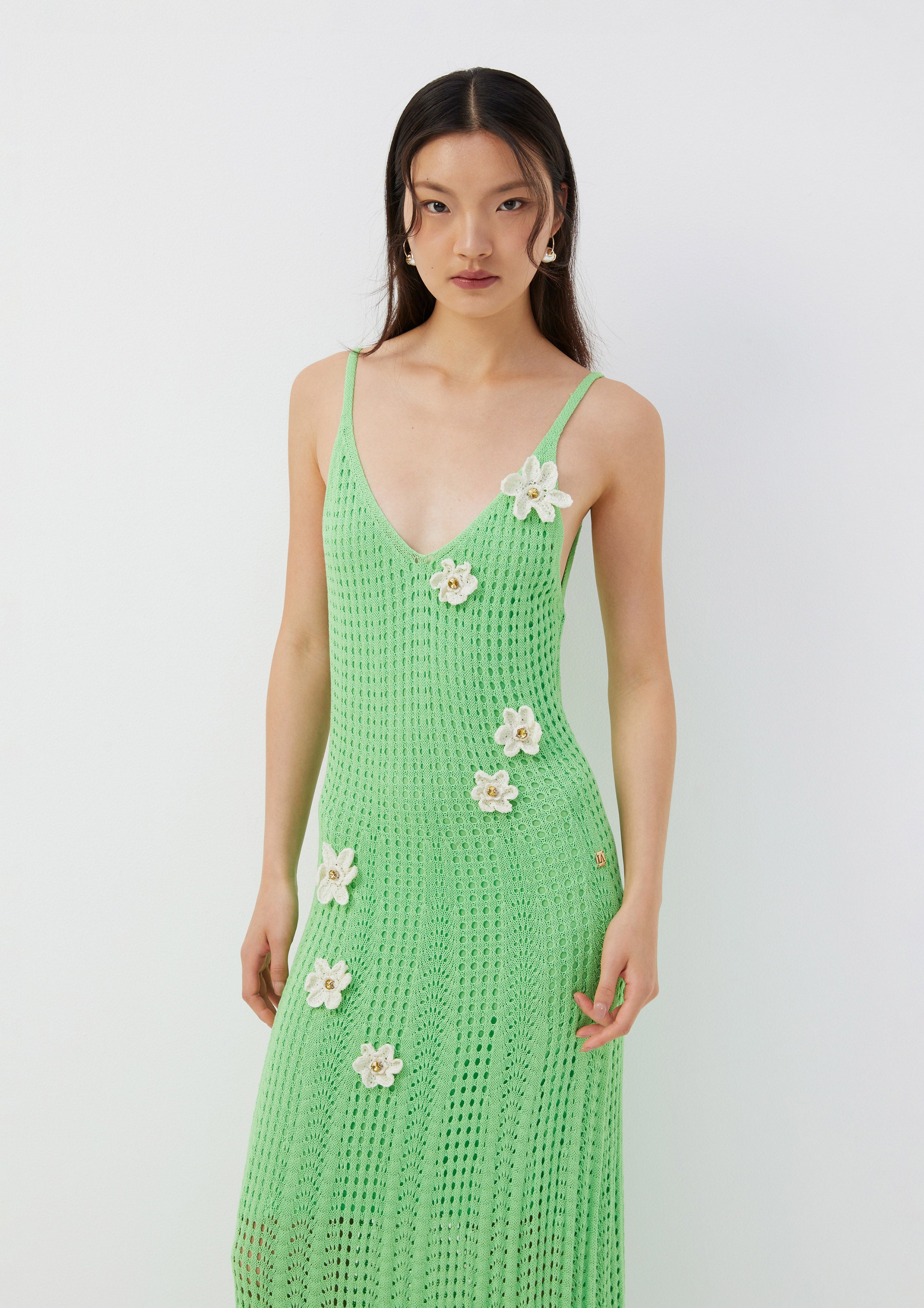 Crochet Flower Embellished Strappy Knit Dress Folk Bloom