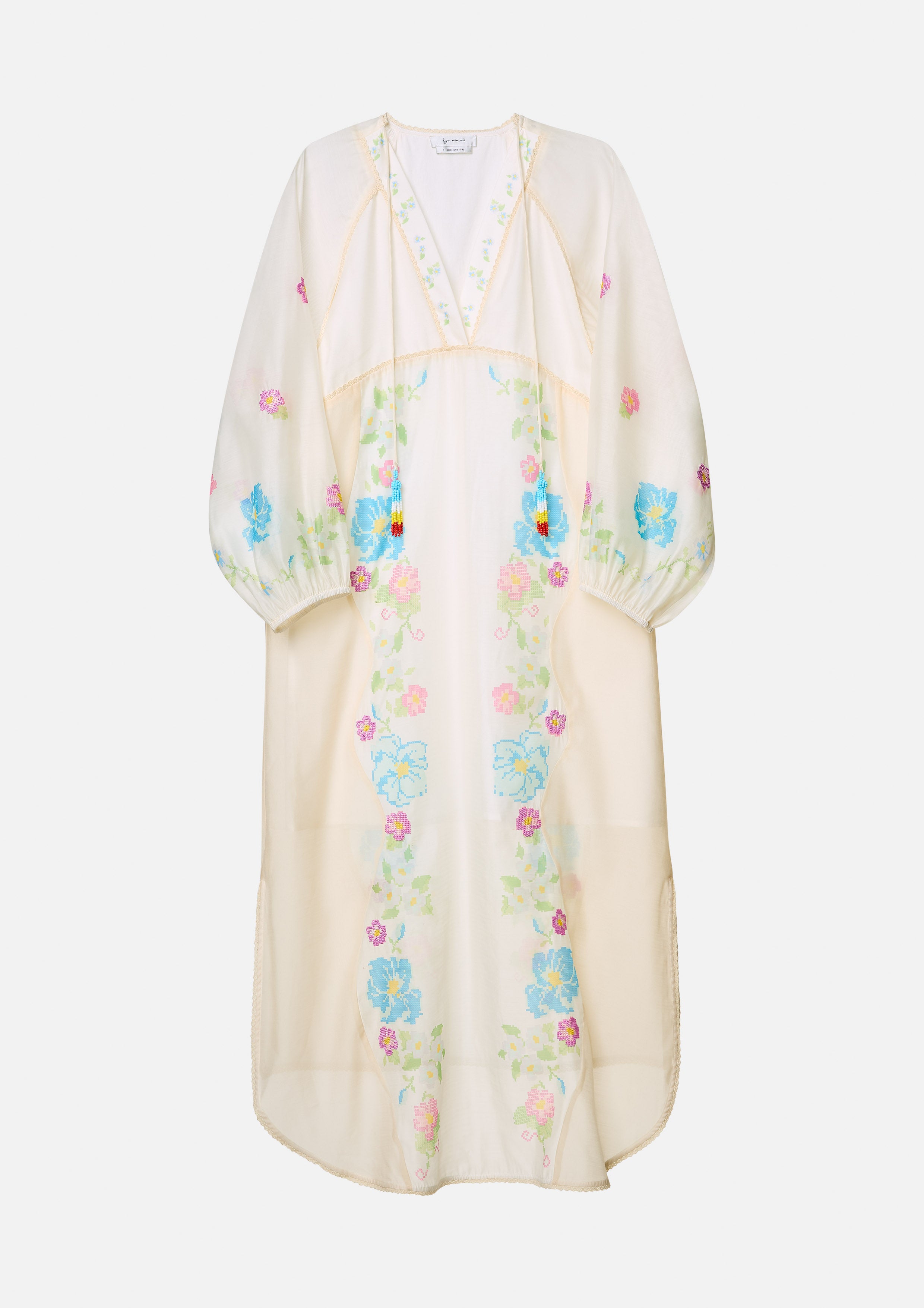 เดรสยาว คอวี พิมพ์ลายดอกไม้ Scandi Folk Art