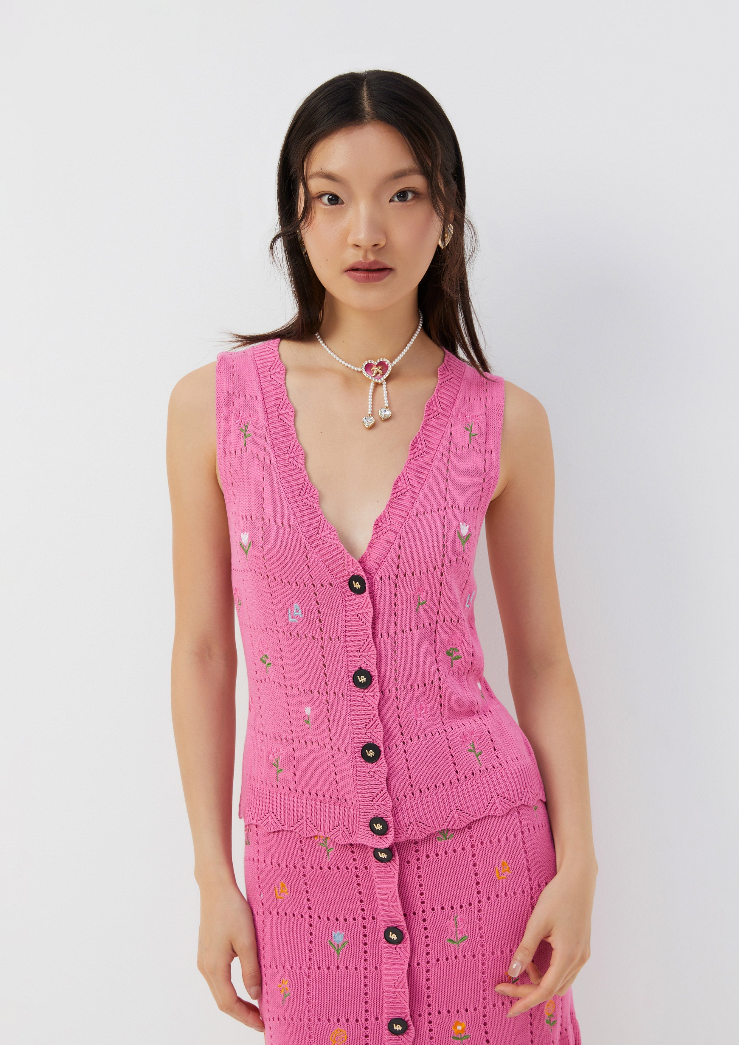 Embroidered Knit Button Vest Folk Bloom