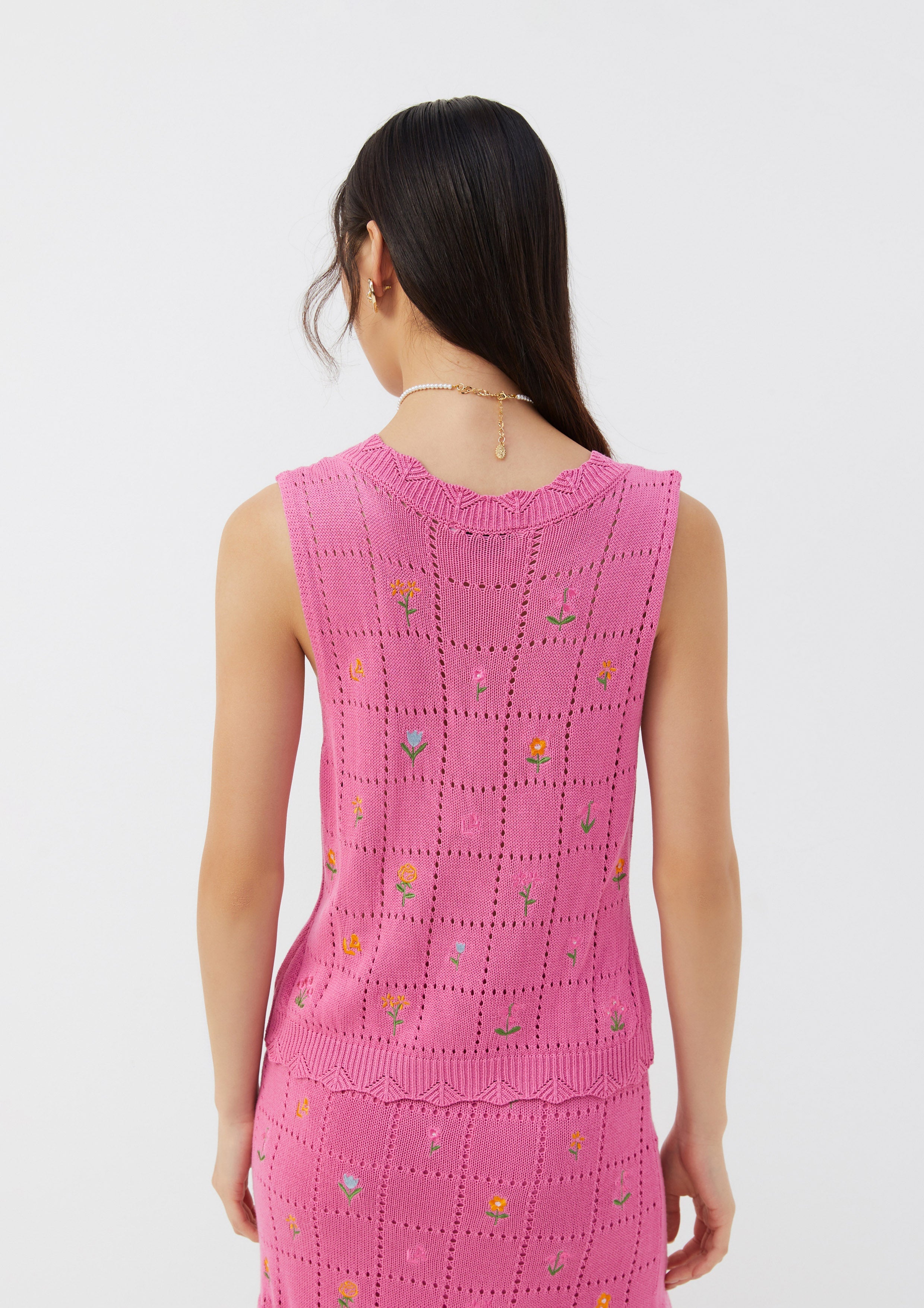 Embroidered Knit Button Vest Folk Bloom