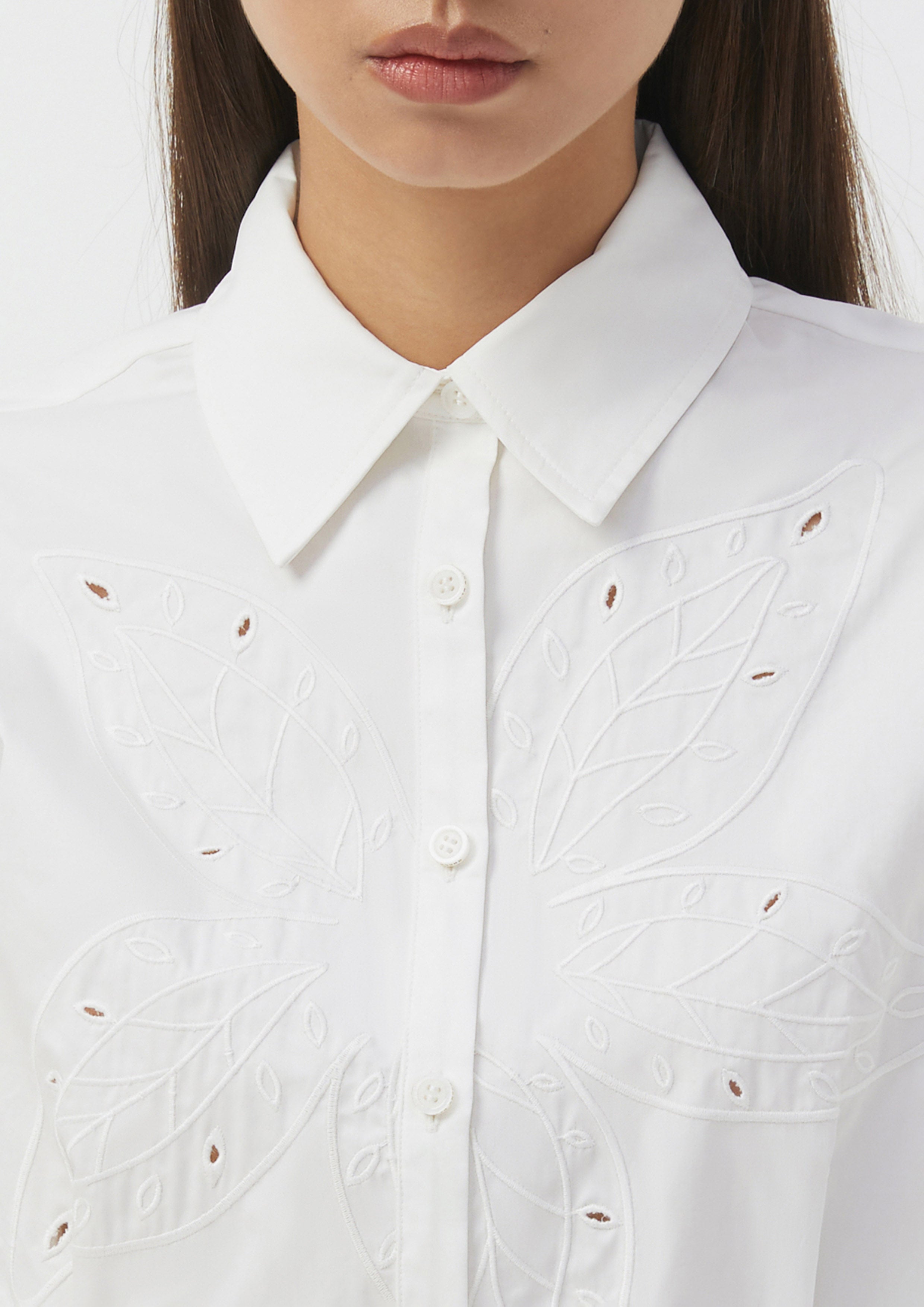 เสื้อเชิ้ต แขนสามส่วน ปักลายใบไม้ Scandi Folk Art