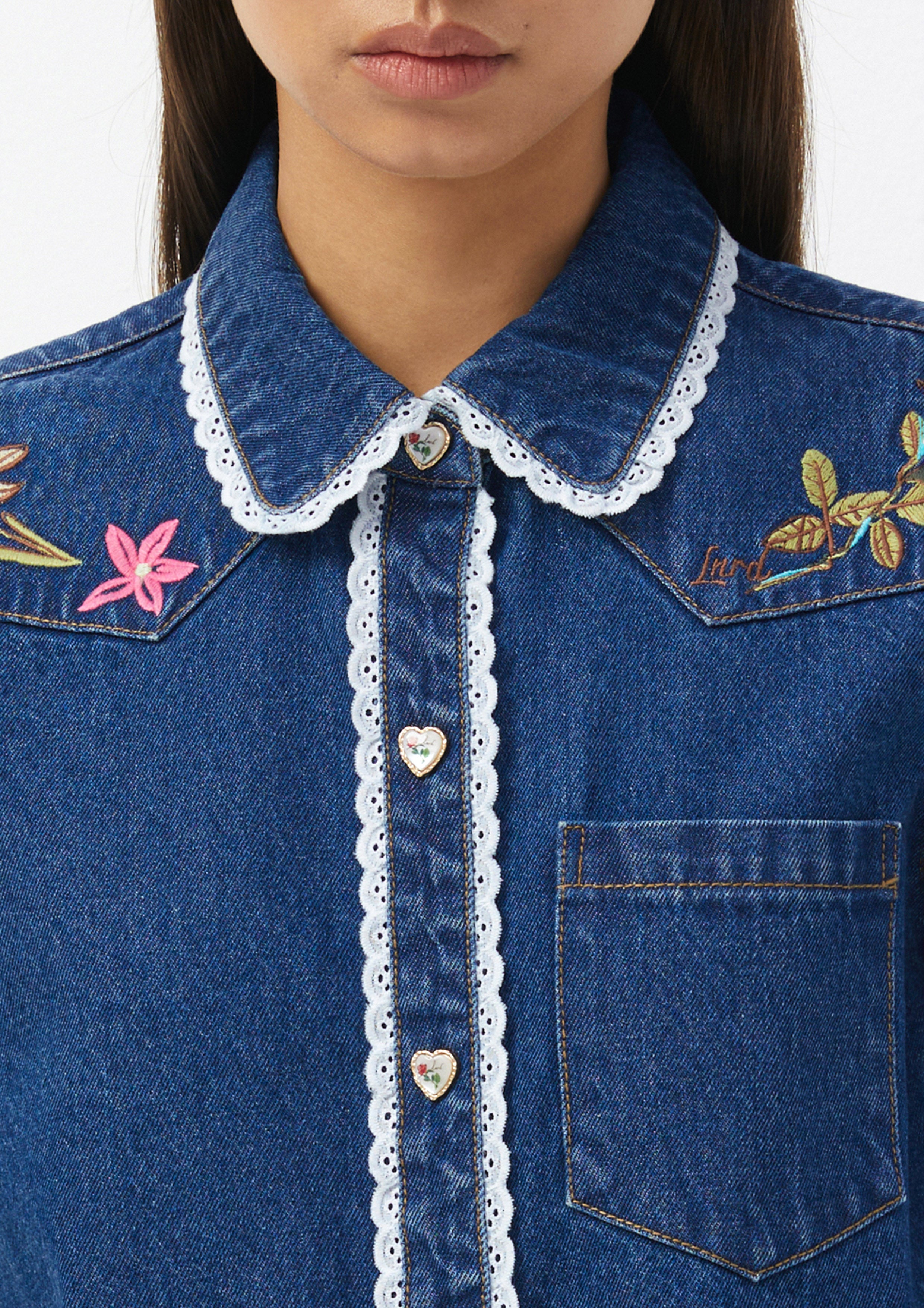 เสื้อเชิ้ตยีนส์ แขนยาว ปักลายดอกไม้ The Wild Spirit