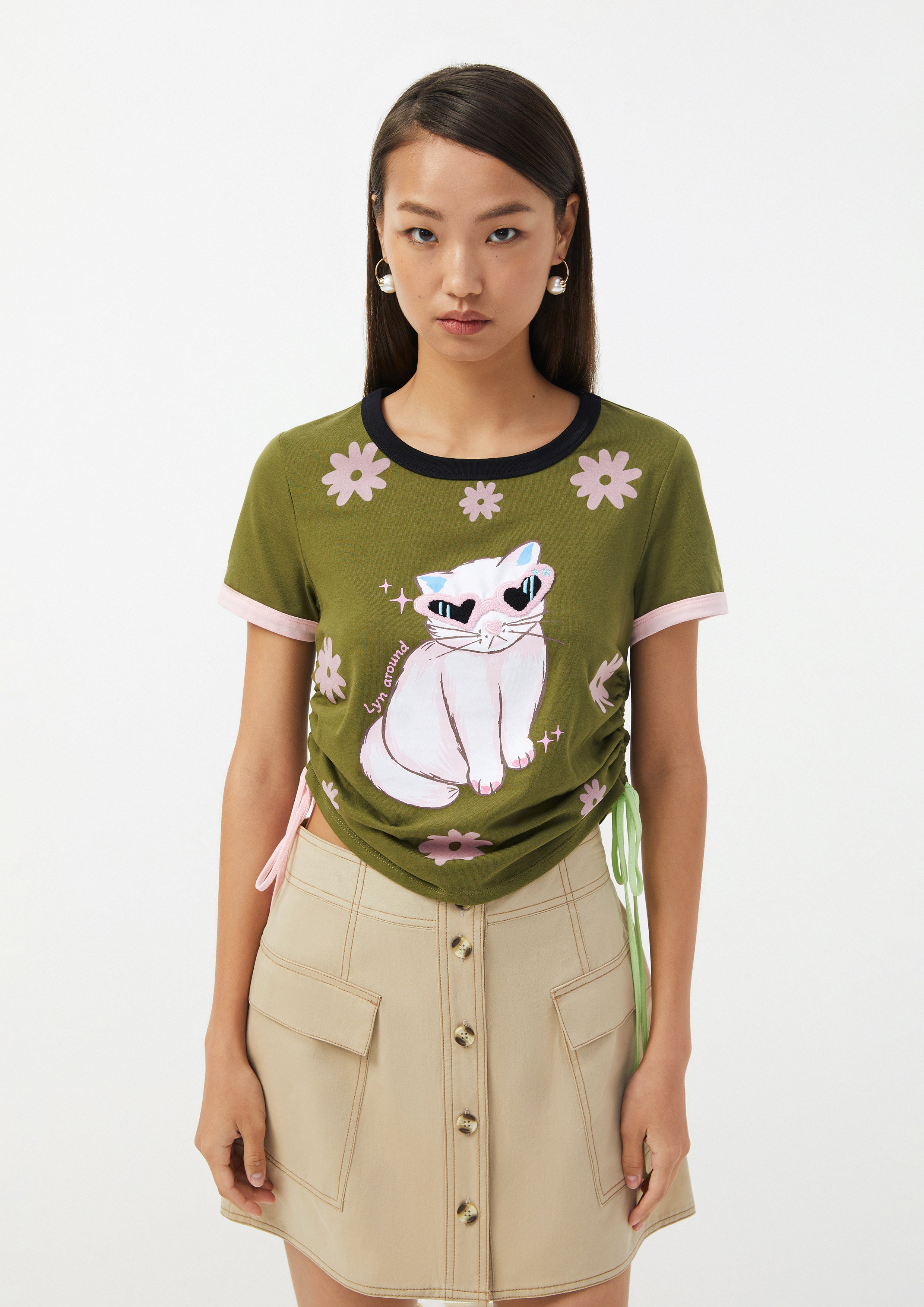 Cat Graphic Ruched Crop Top