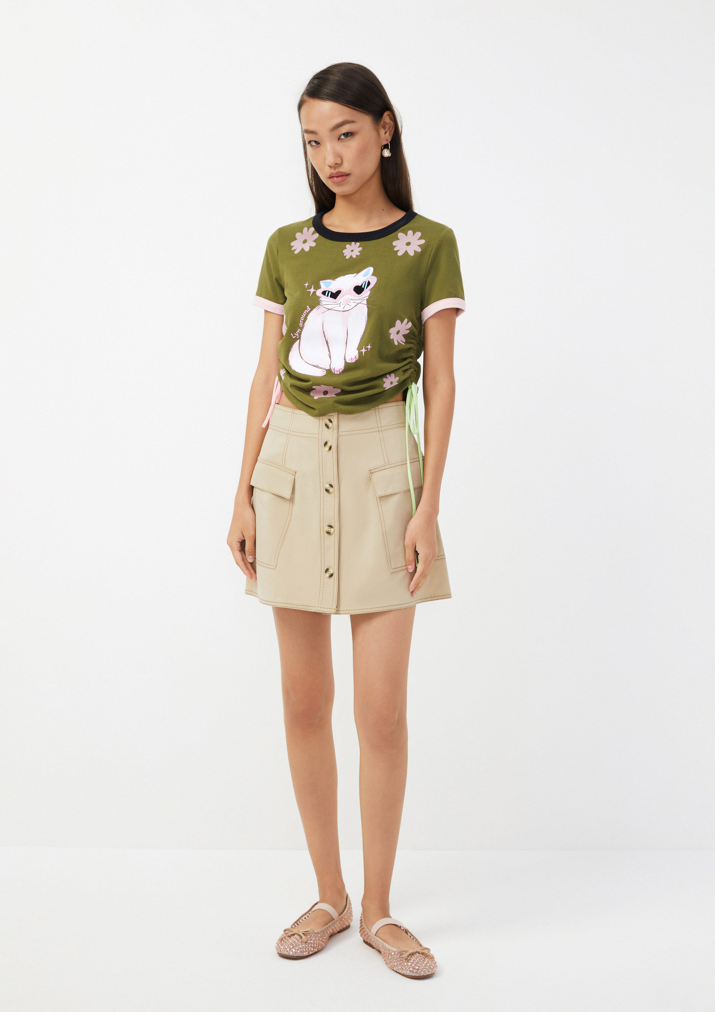 Cat Graphic Ruched Crop Top