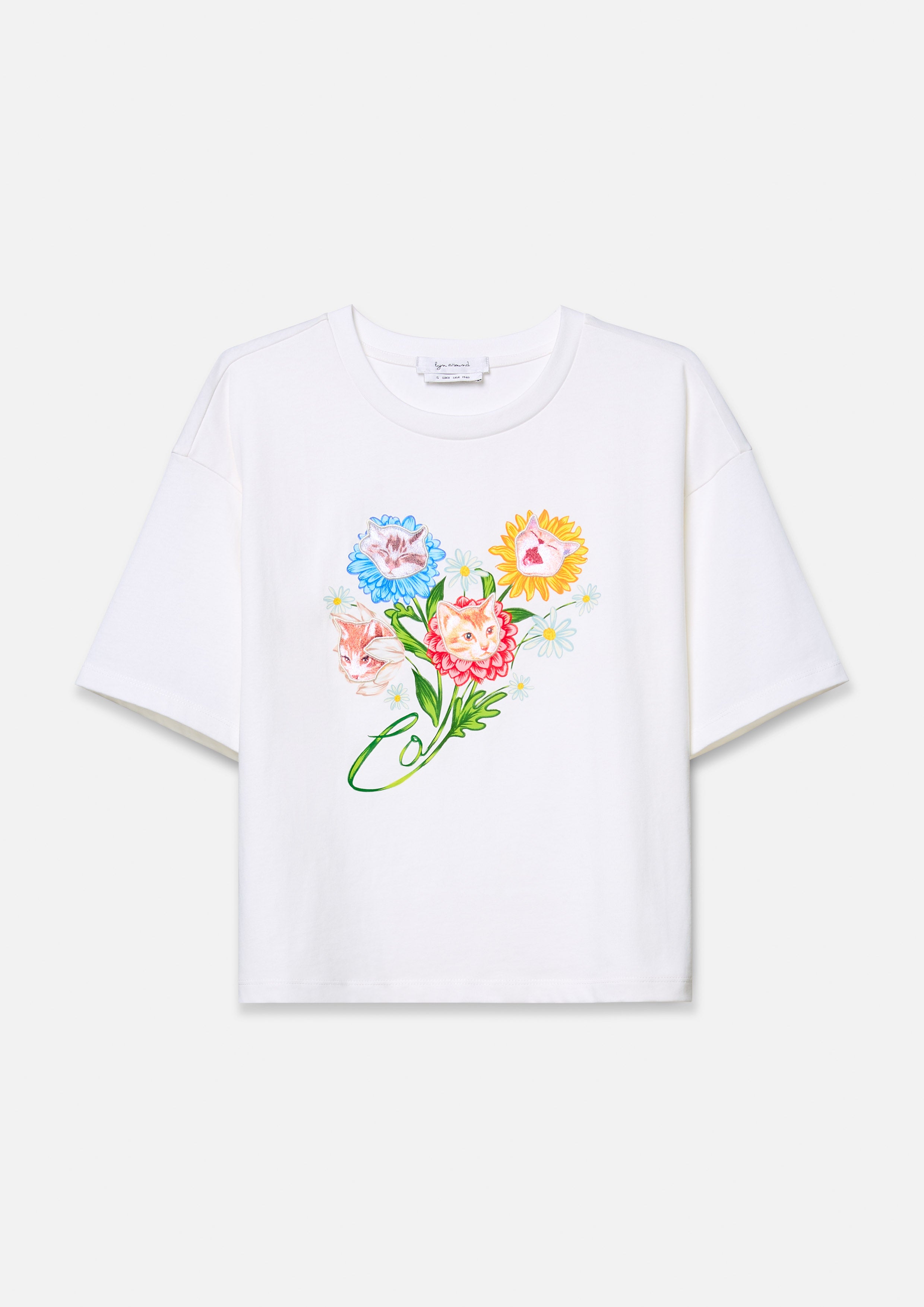 เสื้อยืด ทรงหลวม พิมพ์ลายแมวและดอกไม้