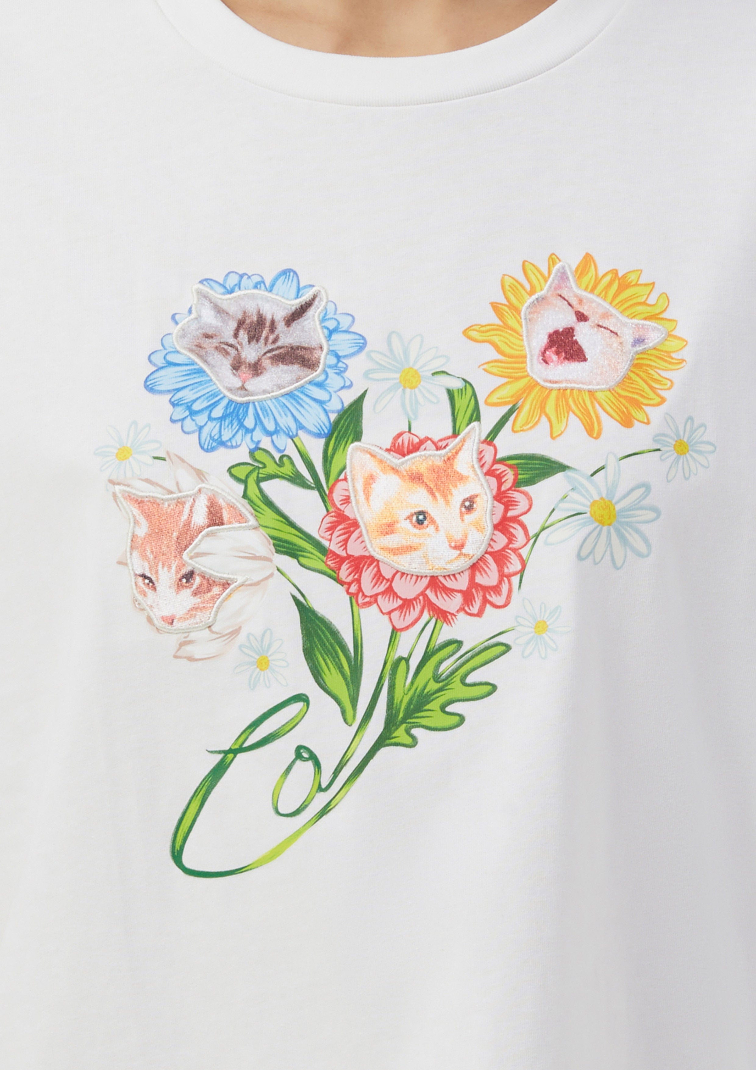 เสื้อยืด ทรงหลวม พิมพ์ลายแมวและดอกไม้