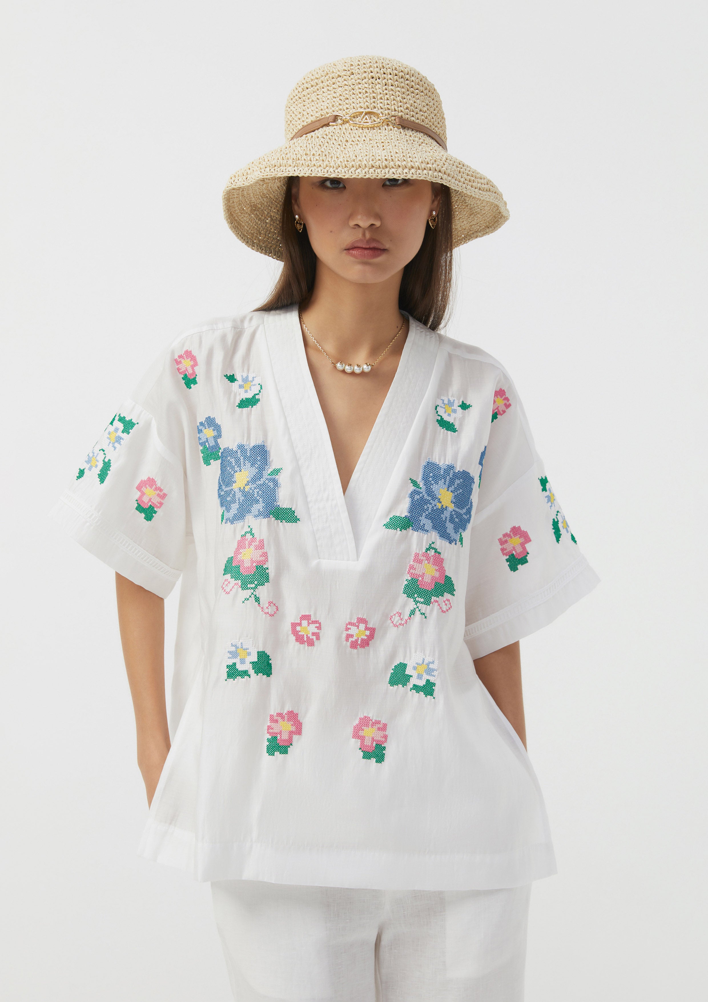 เสื้อทูนิก ปักครอสติช ลายดอกไม้ Scandi Folk Art