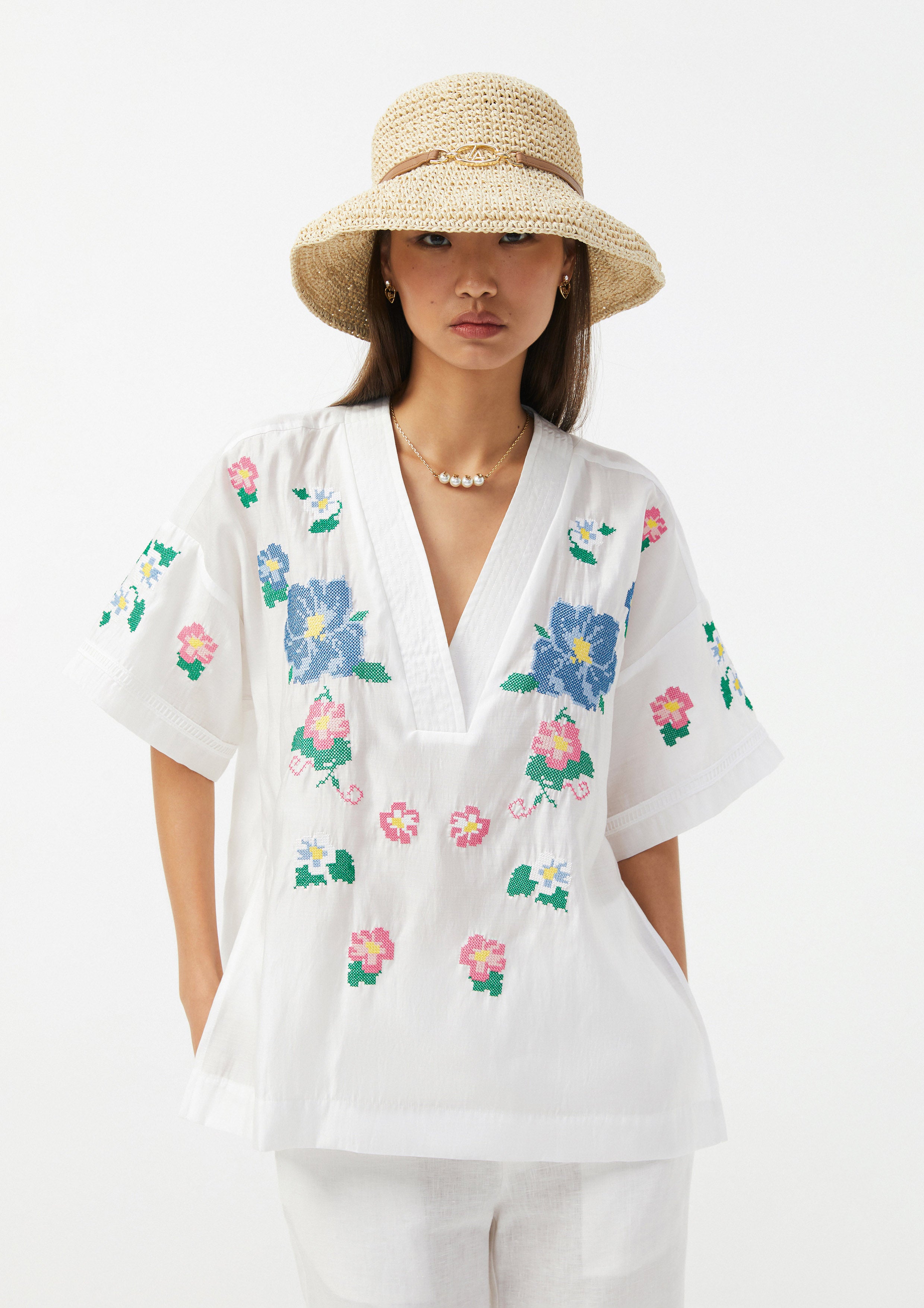 Blossom Cross-Stitch Embroidered Tunic Top Scandi Folk Art