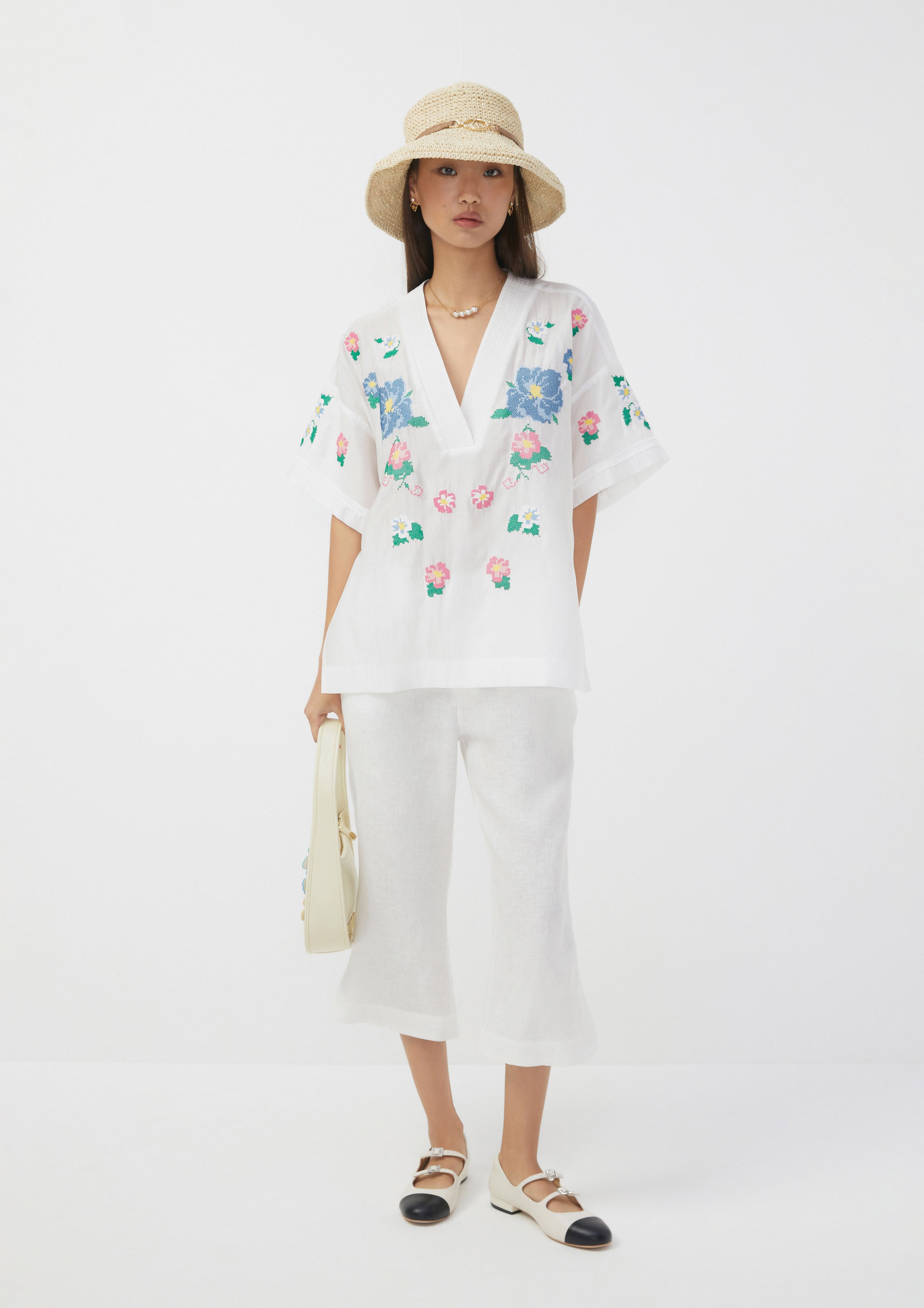 เสื้อทูนิก ปักครอสติช ลายดอกไม้ Scandi Folk Art