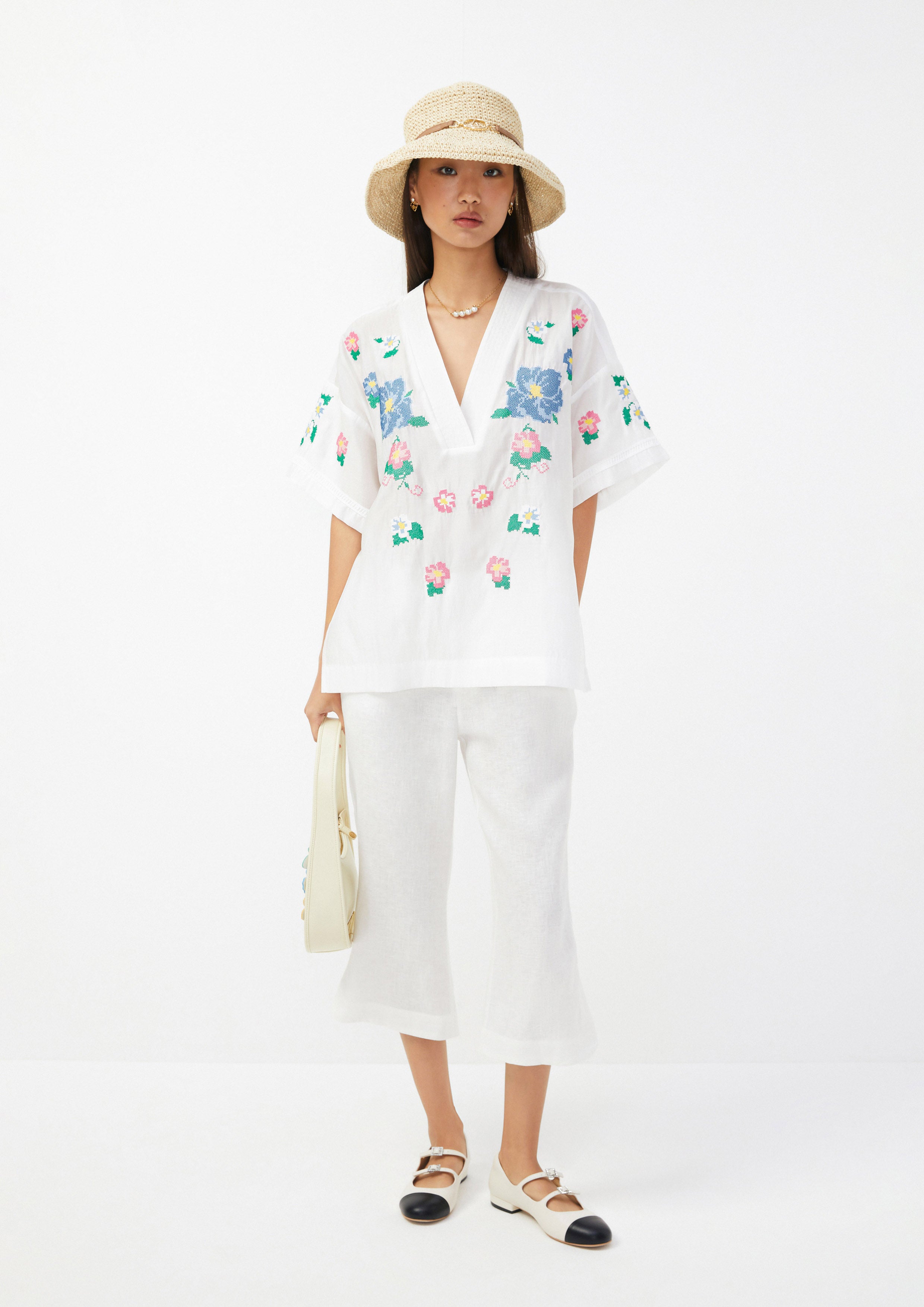 เสื้อทูนิก ปักครอสติช ลายดอกไม้ Scandi Folk Art