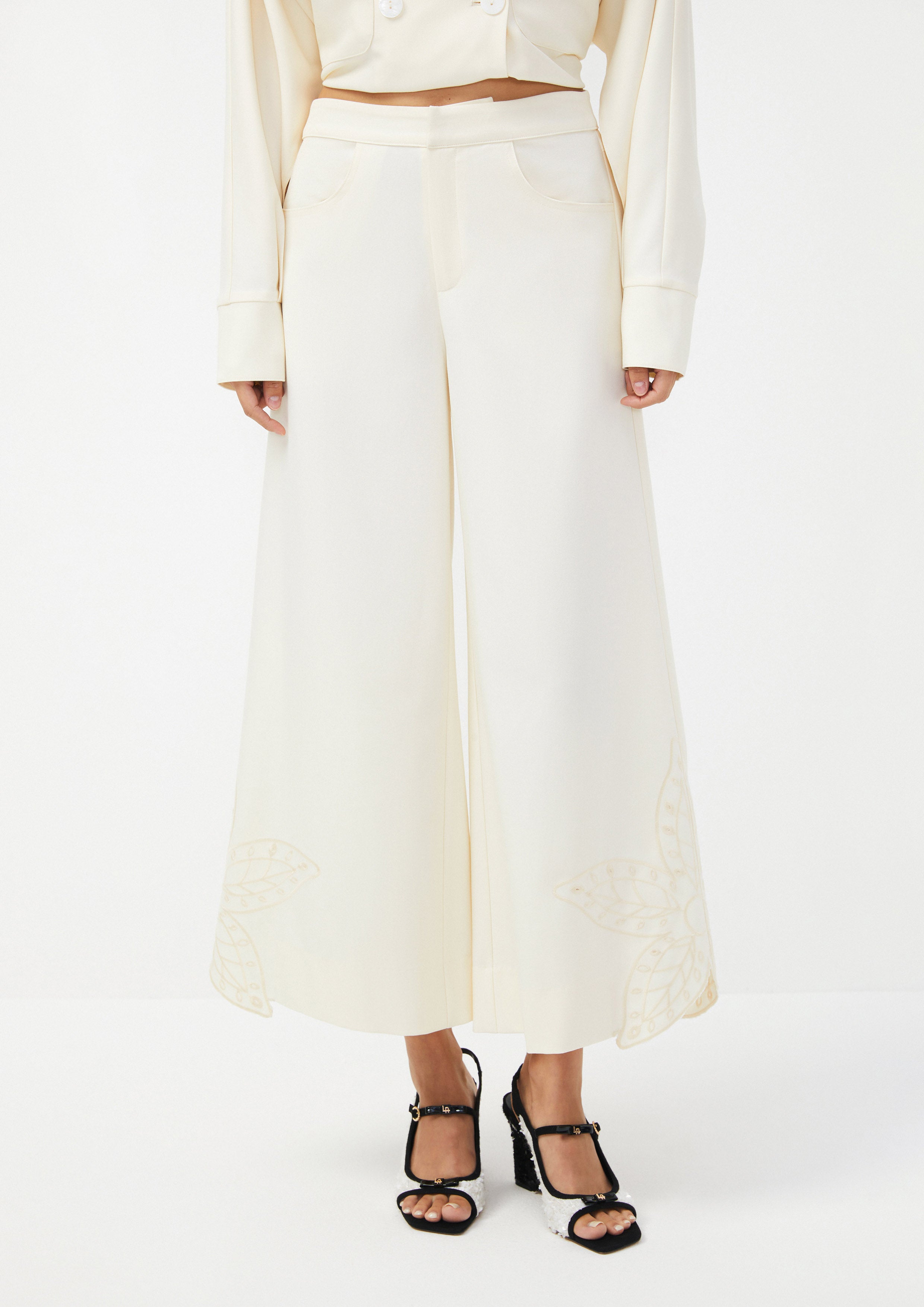 Wide-Leg Trousers with Leaf Embroidery Hem Scandi Folk Art