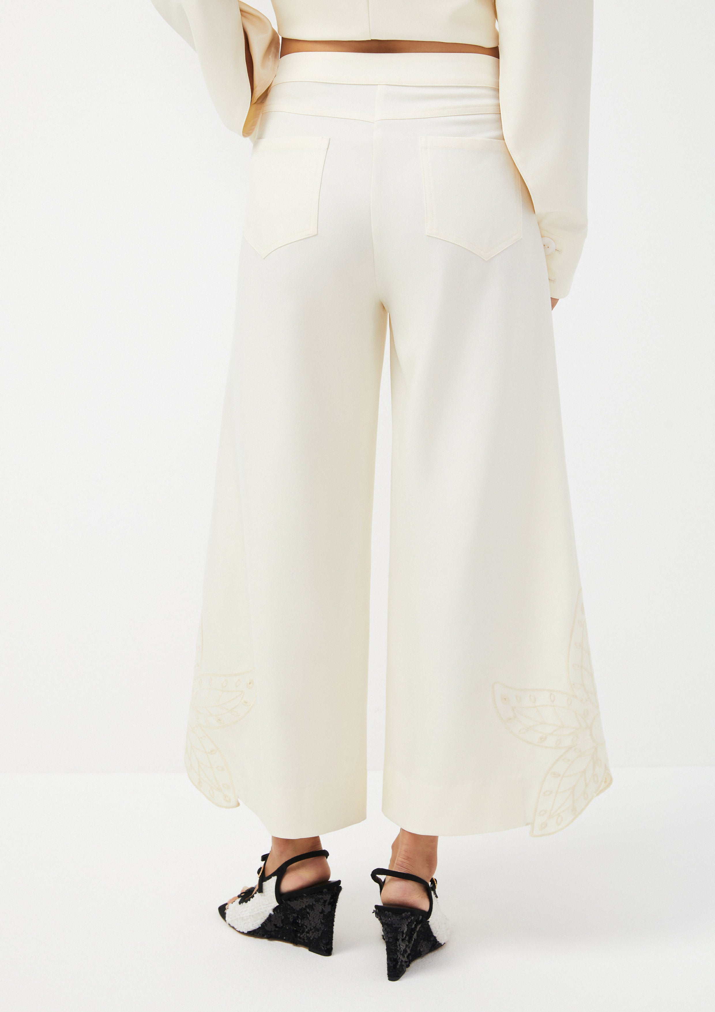 Wide-Leg Trousers with Leaf Embroidery Hem Scandi Folk Art