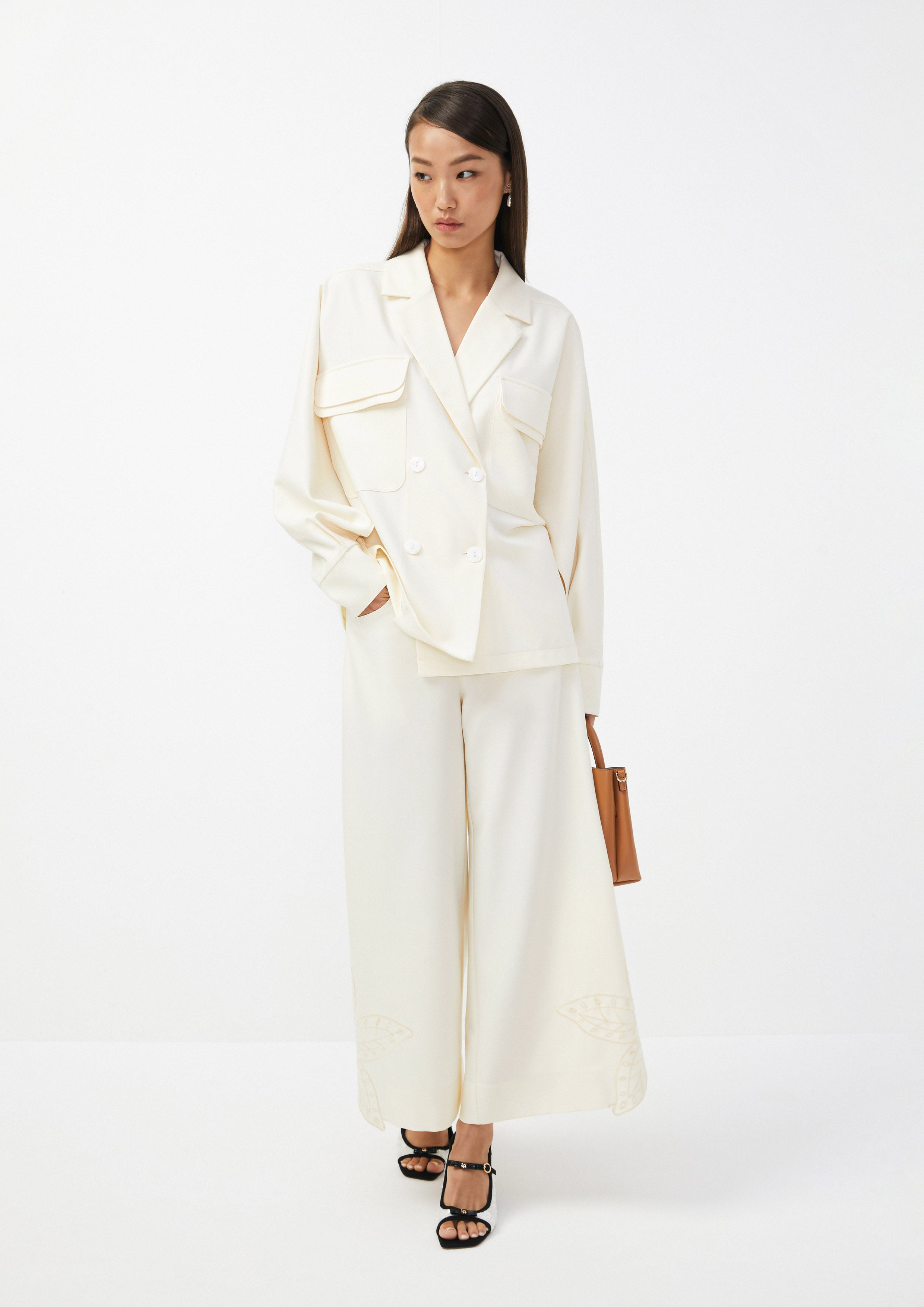 Wide-Leg Trousers with Leaf Embroidery Hem Scandi Folk Art