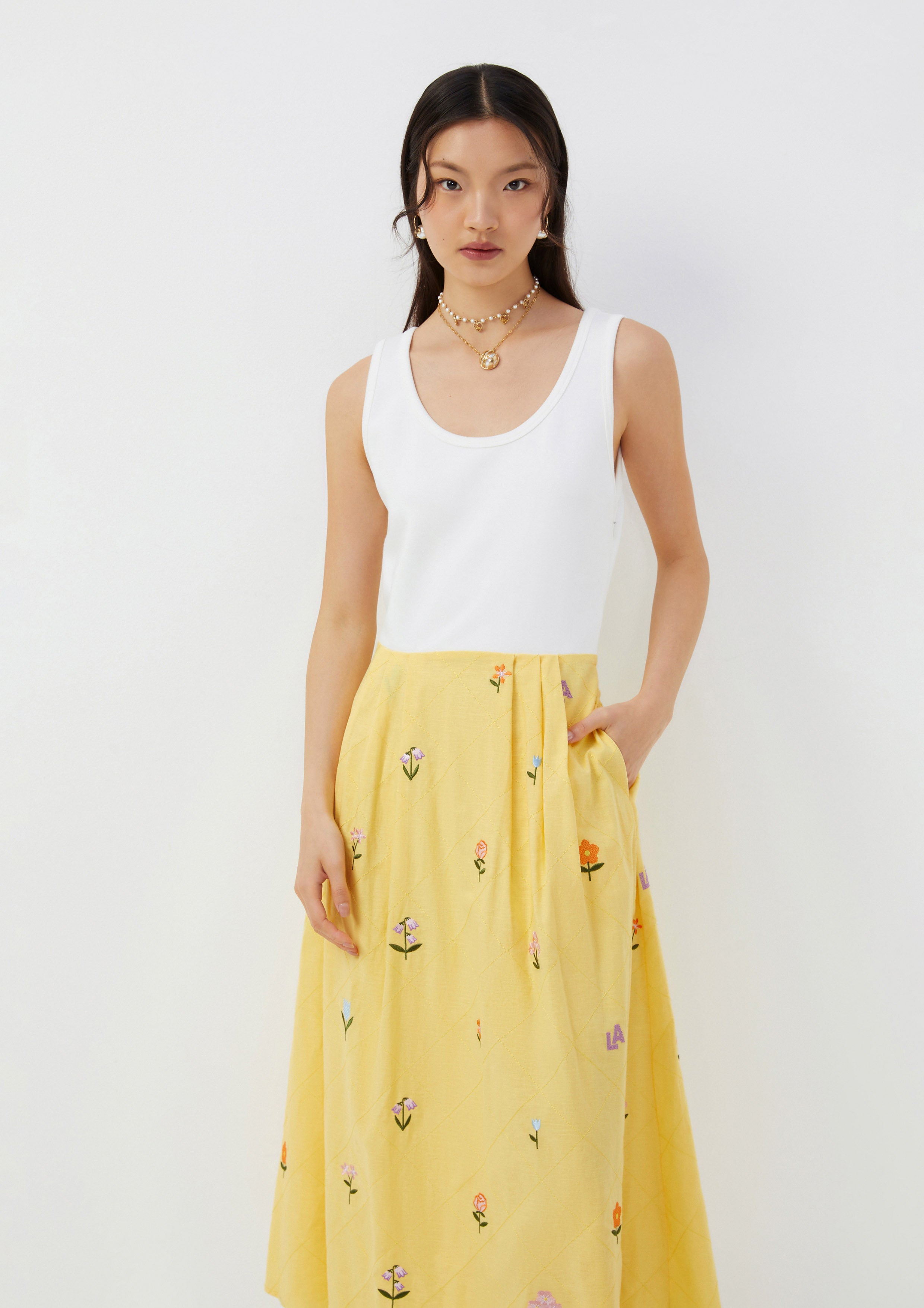 Embroidered Tank Dress with Quilted Floral Skirt Folk Bloom