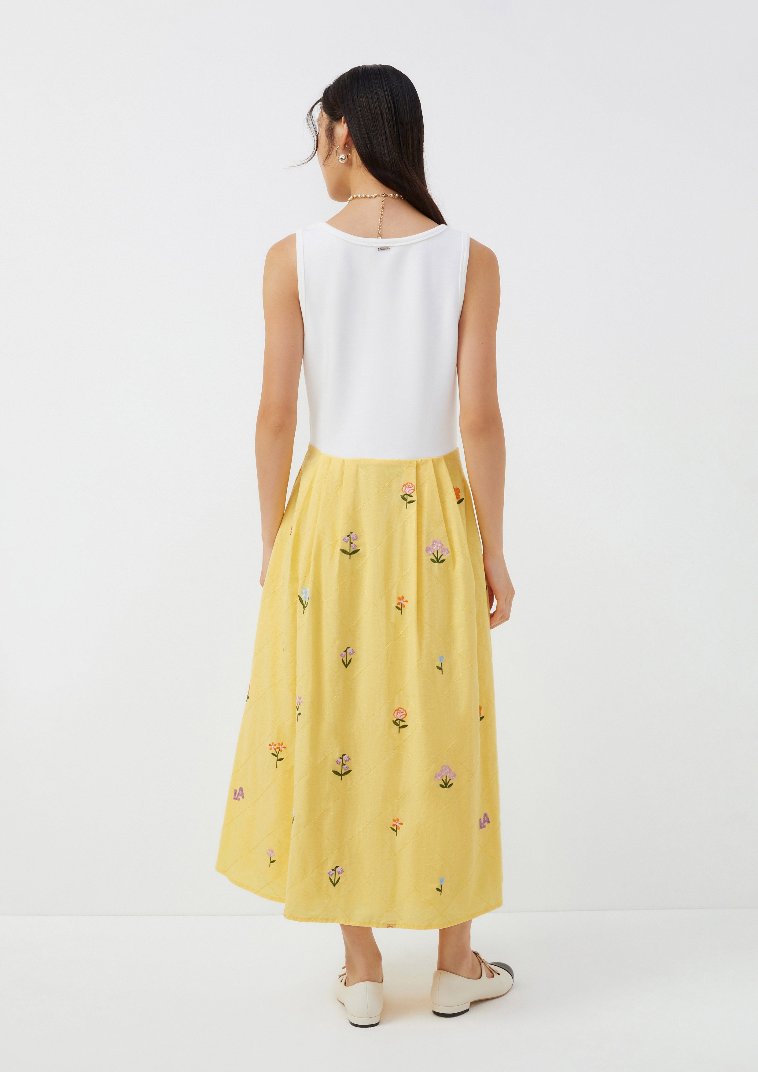 Embroidered Tank Dress with Quilted Floral Skirt Folk Bloom