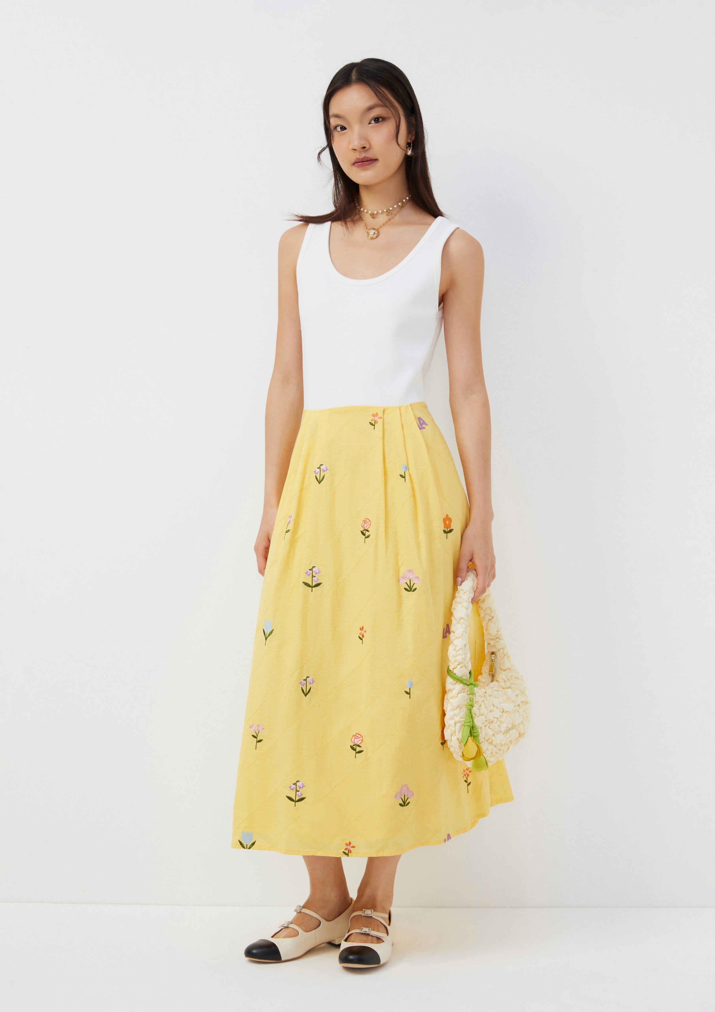 Embroidered Tank Dress with Quilted Floral Skirt Folk Bloom
