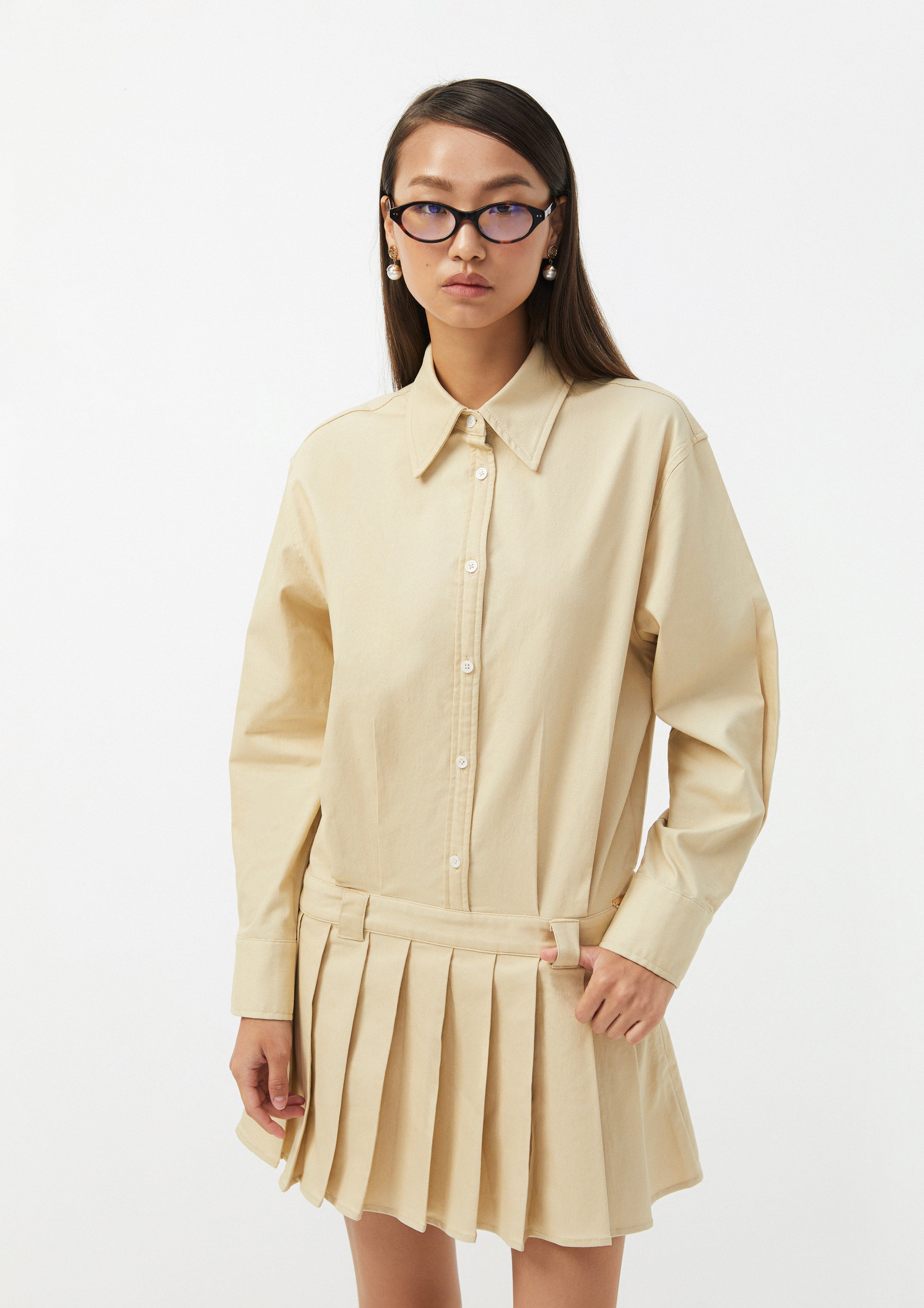Long Sleeve Shirt Dress with Pleated Skirt Detail Urban Retreat
