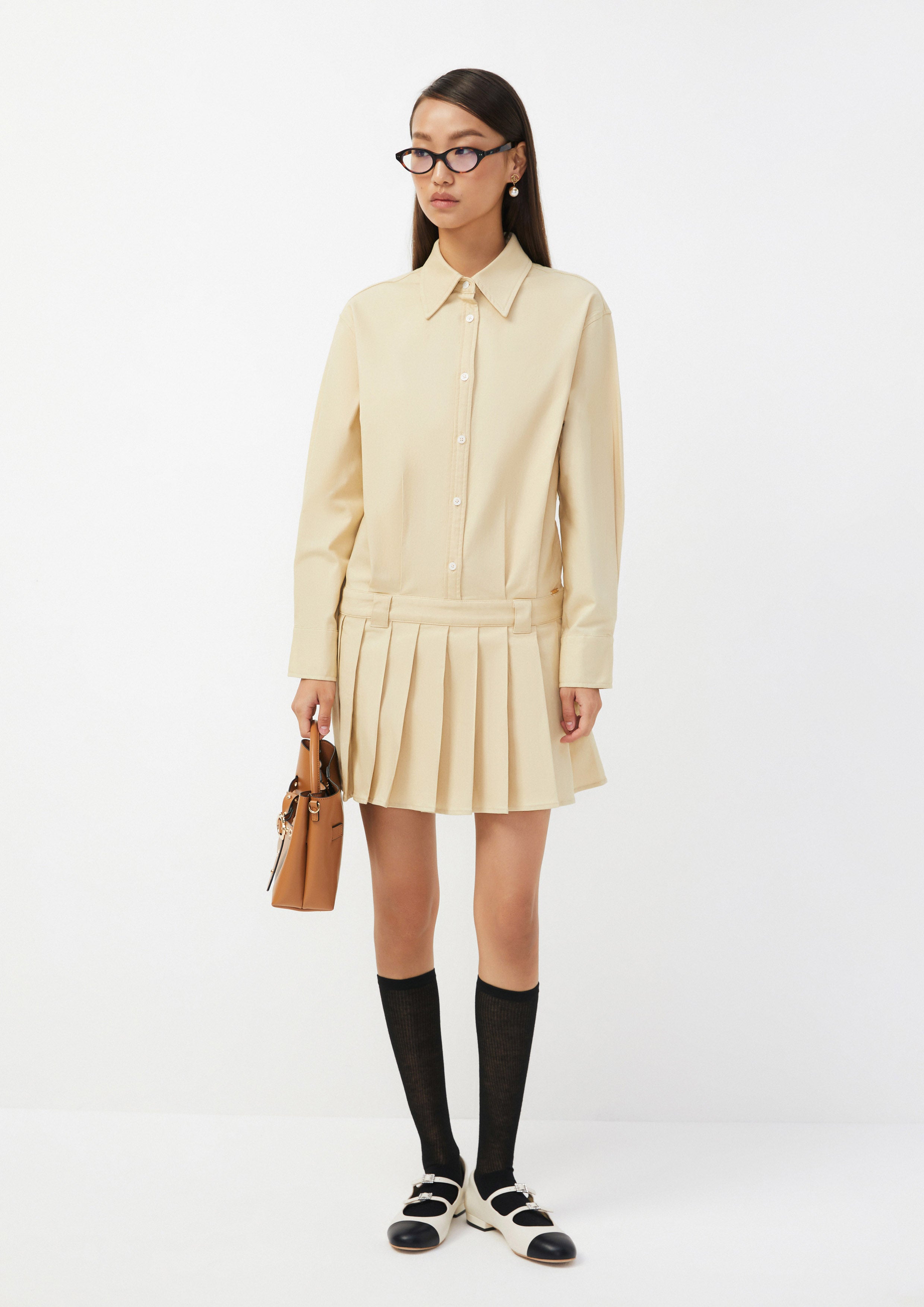 XS Long Sleeve Shirt Dress with Pleated Skirt Detail Urban Retreat