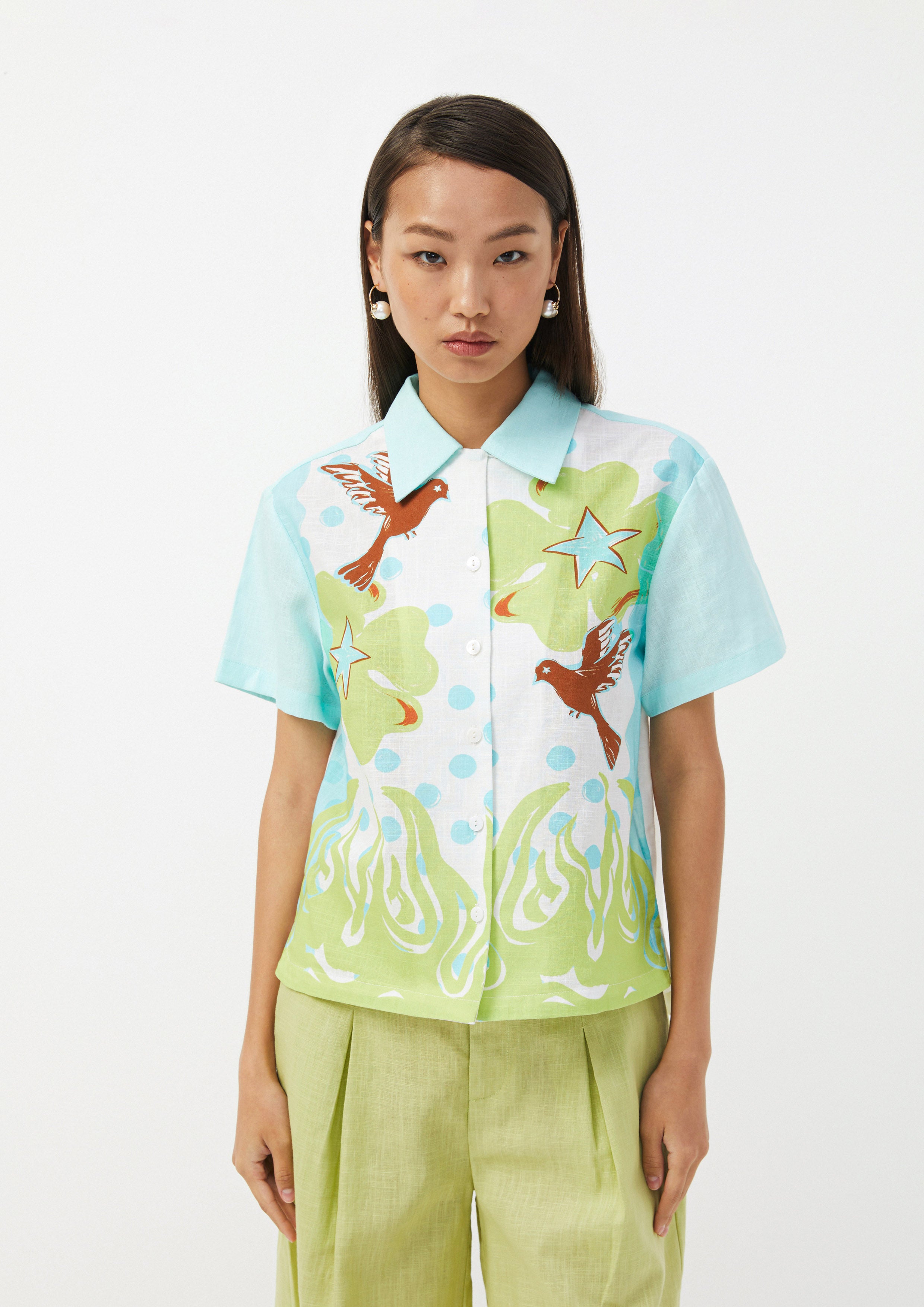Bird & Star Print Short Sleeve Shirt Ember Mirage
