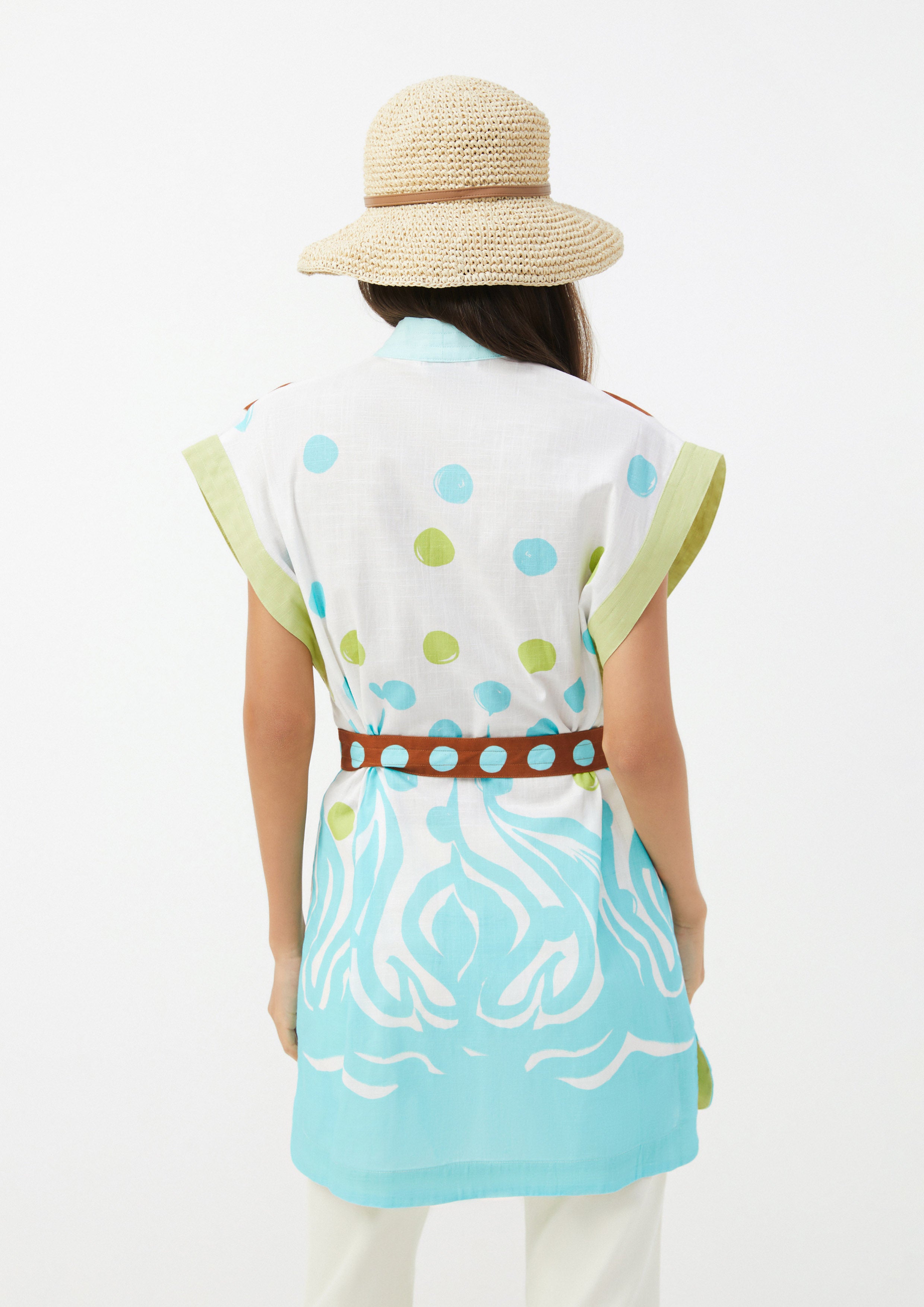Graphic Print Sleeveless Kimono with Polka Dot Belt Ember Mirage