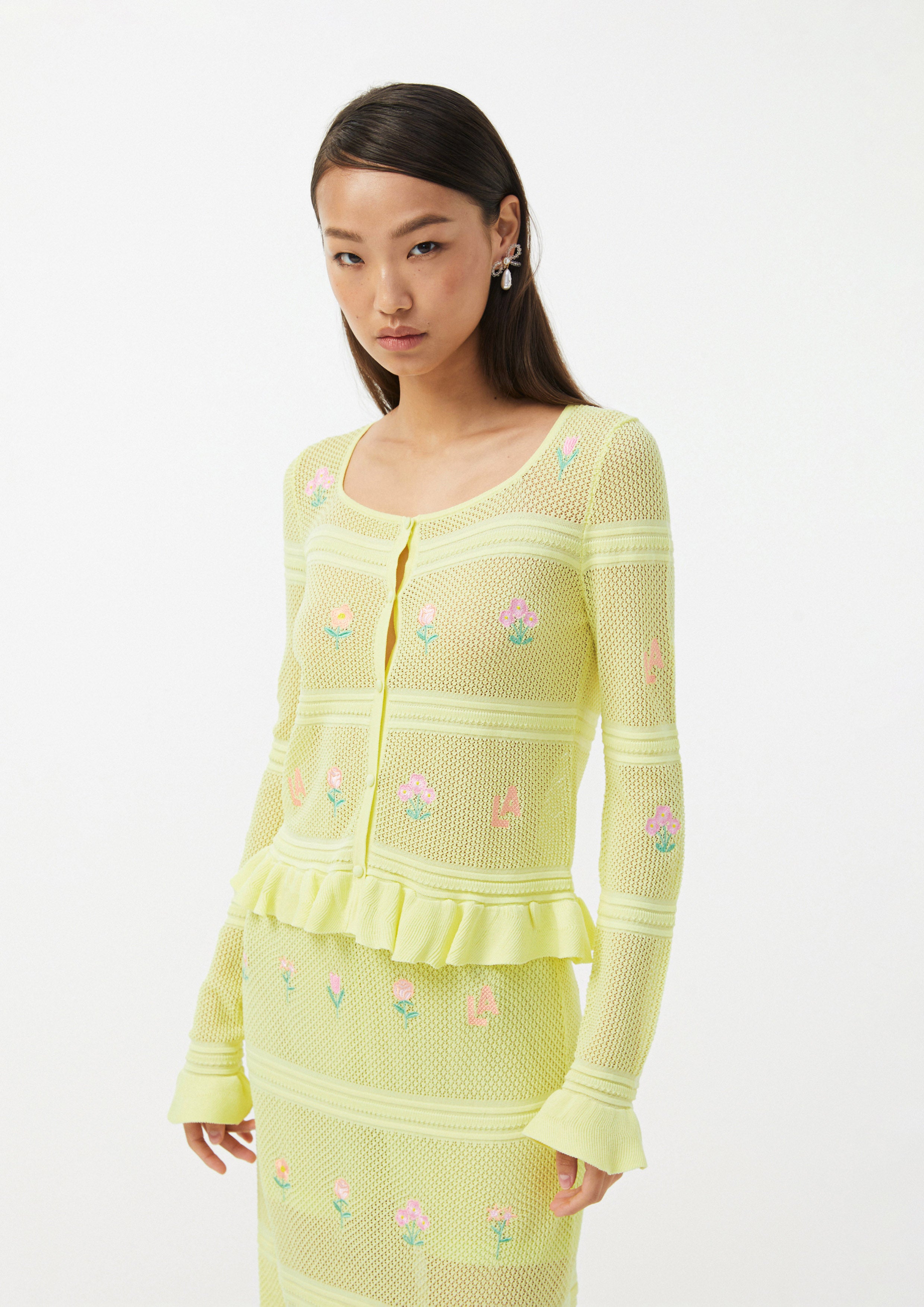 Shimmer Knit Cardigan with Floral Embroidery Folk Bloom