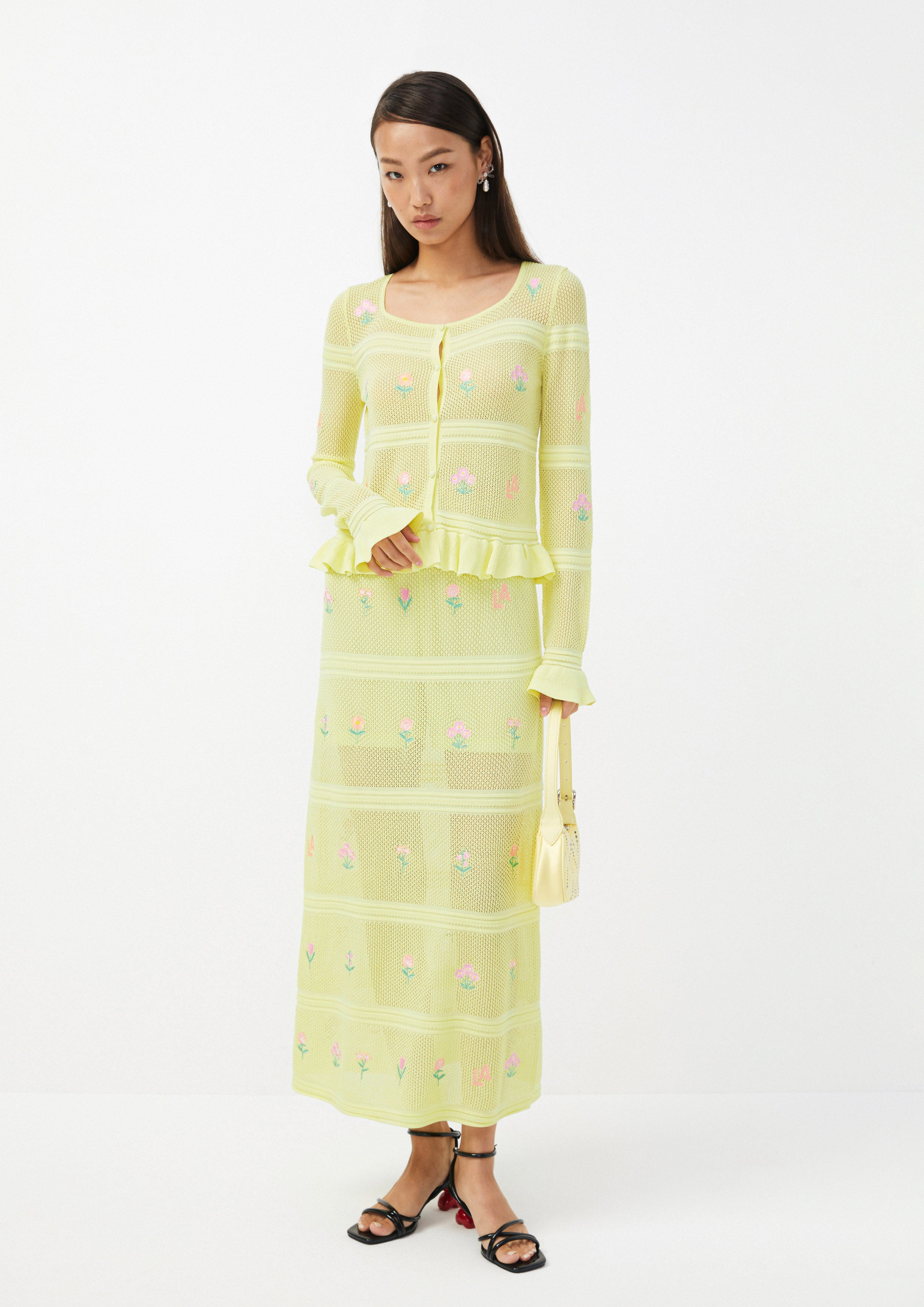 Shimmer Knit Cardigan with Floral Embroidery Folk Bloom